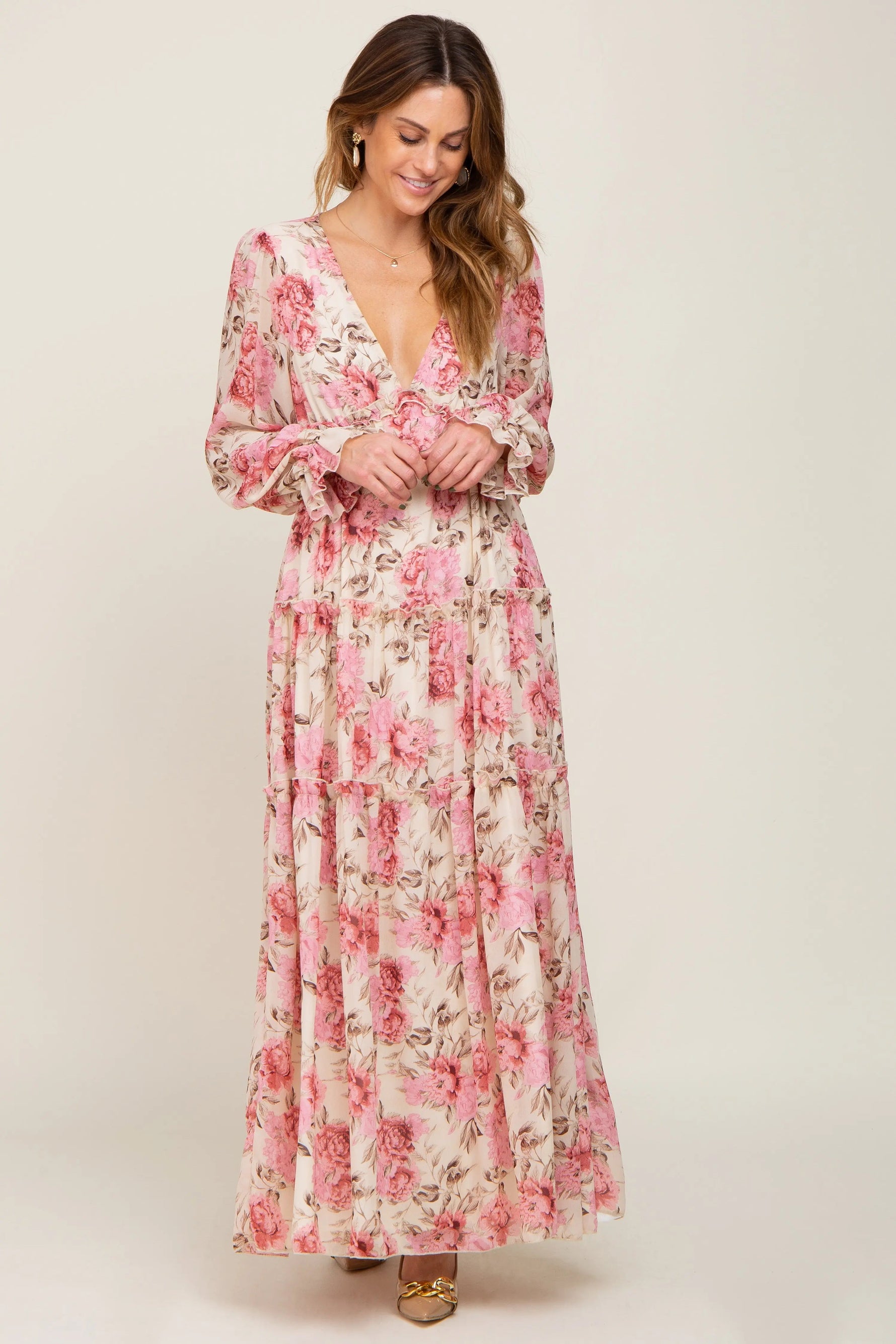 PinkBlush Ivory Floral Chiffon Ruffle Tiered Maxi Dress - 