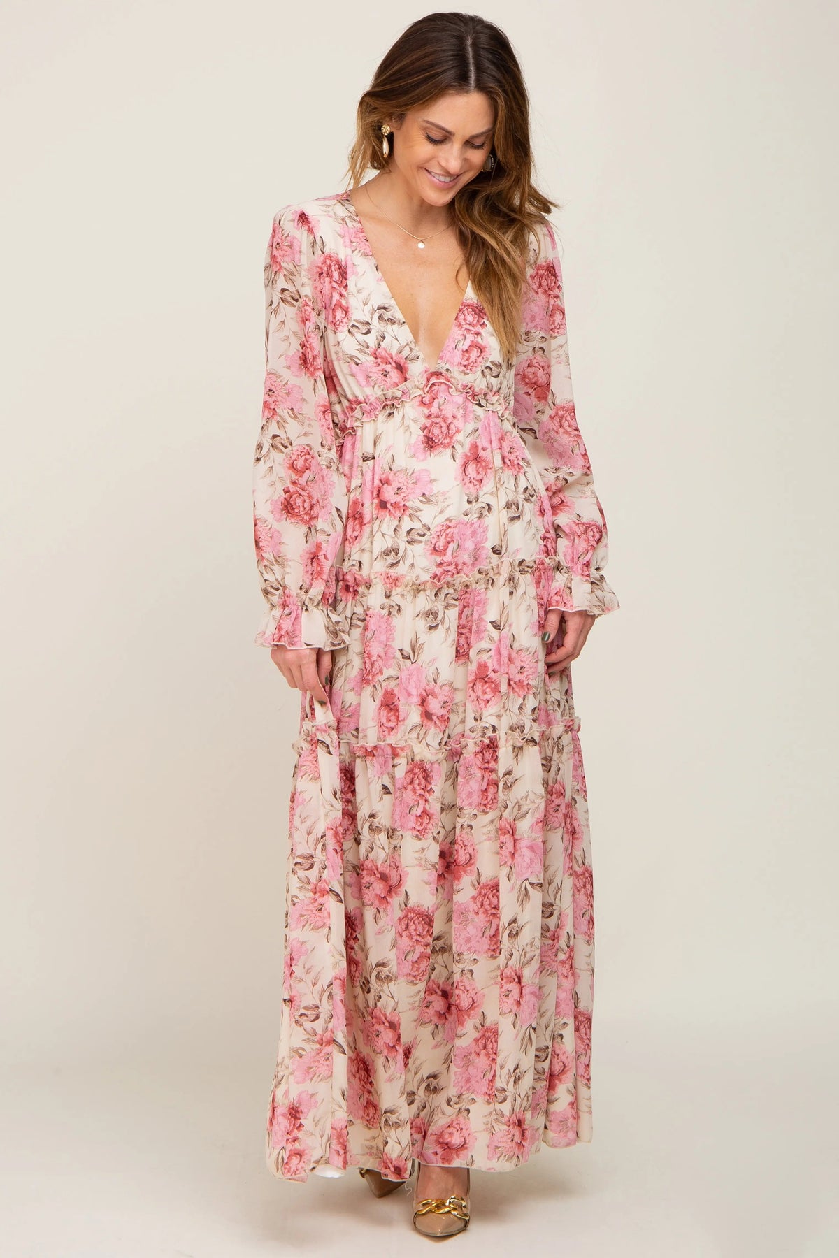 PinkBlush Ivory Floral Chiffon Ruffle Tiered Maxi Dress - 