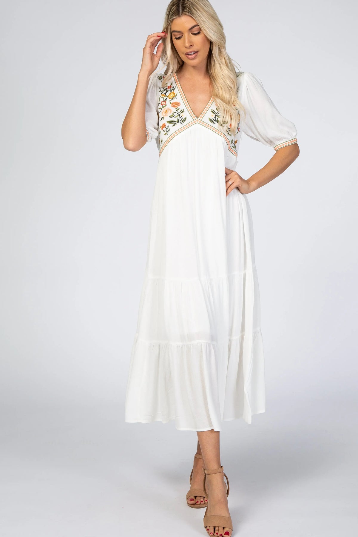 Ivory Floral Embroidered Midi Dress - Day Dress, One-piece garment, Dress, Person, Sandal | Everetts Place