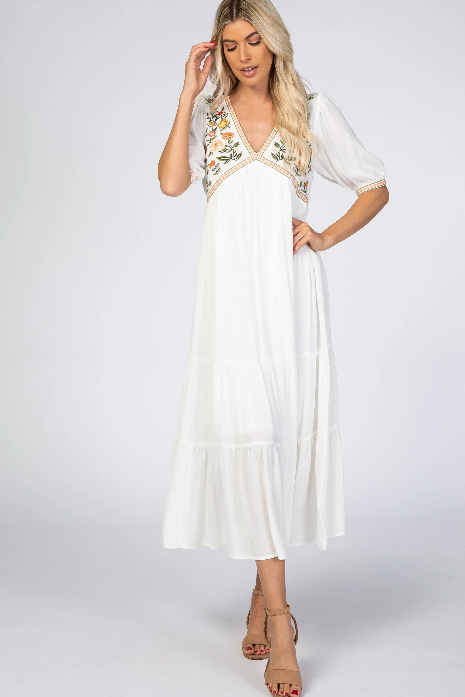 Ivory Floral Embroidered Midi Dress - Day Dress, One-piece garment, Dress, Person, Sandal | Everetts Place