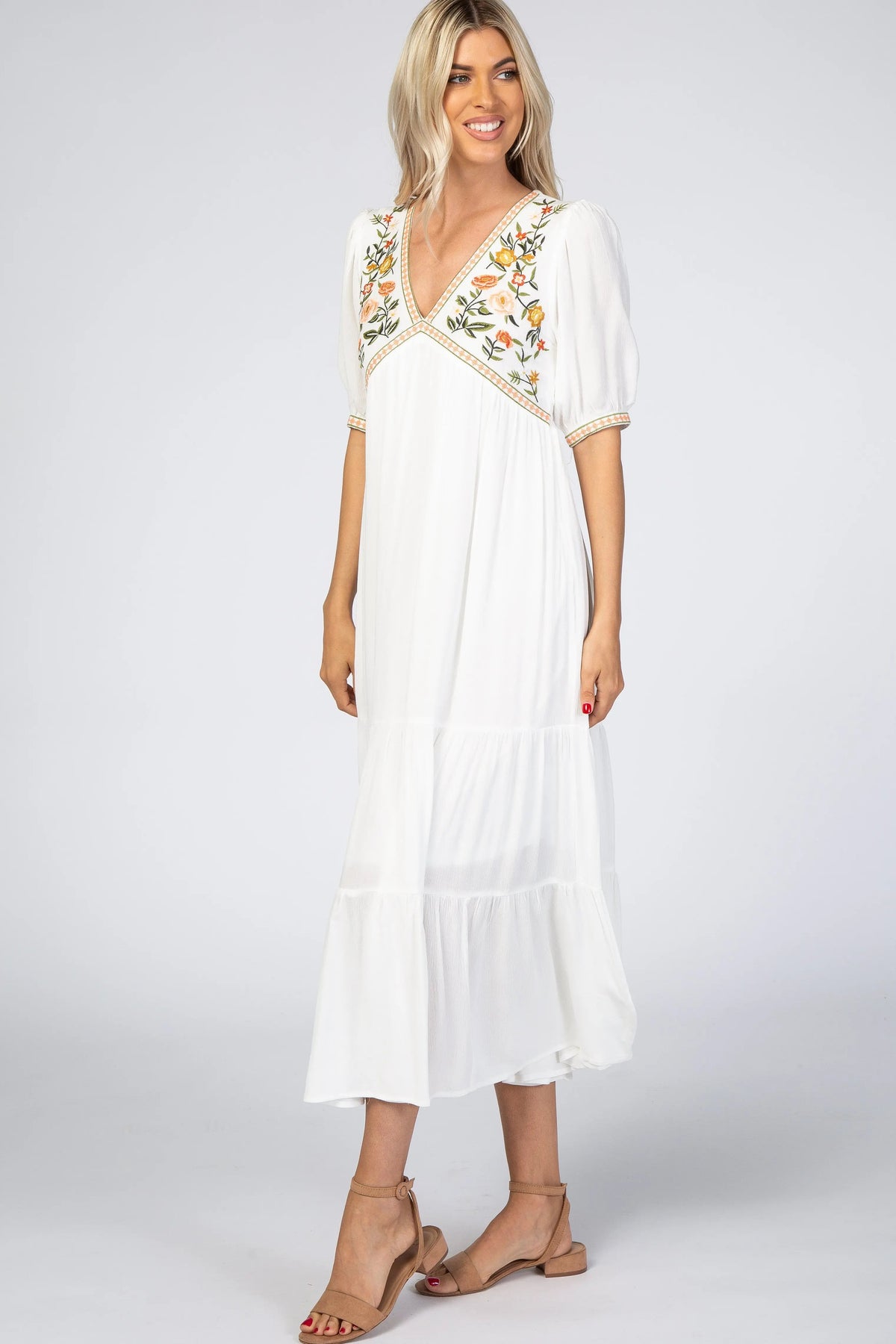 PinkBlush Ivory Floral Embroidered Midi Dress - 