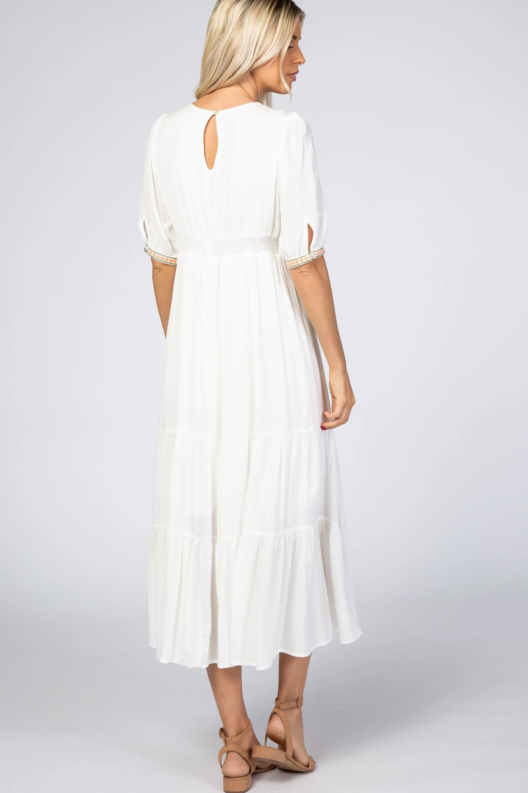 PinkBlush Ivory Floral Embroidered Midi Dress - 