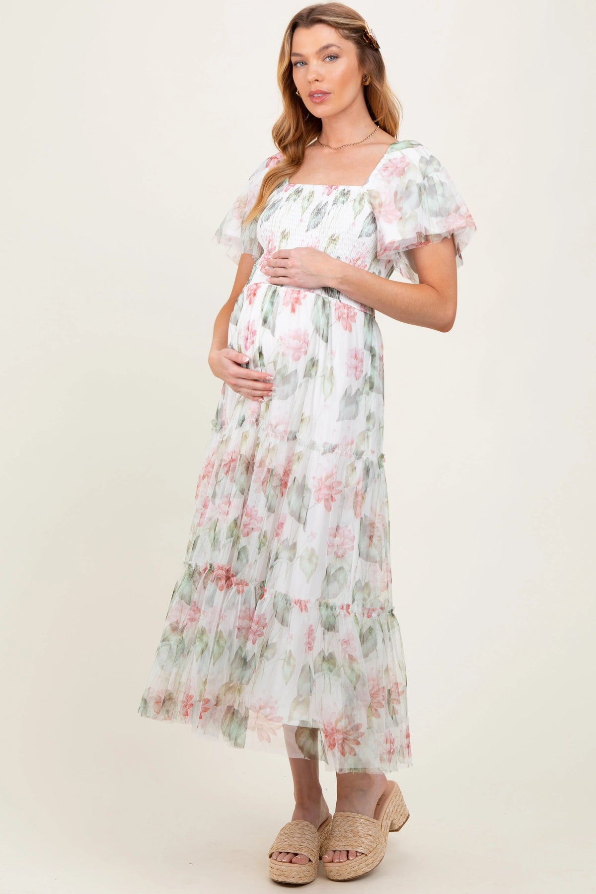 PinkBlush Ivory Floral Mesh Smocked Maternity Midi Dress - 