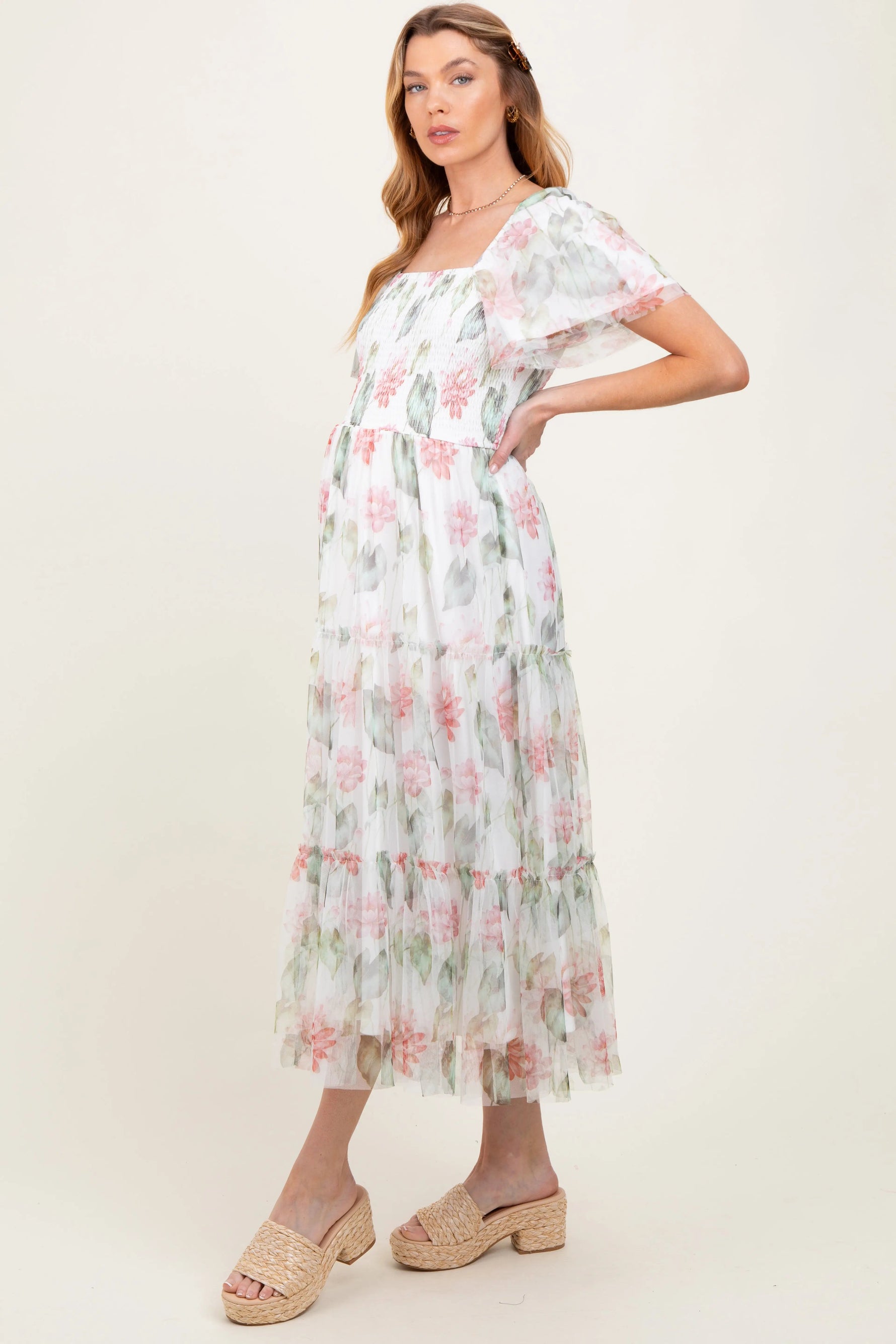 PinkBlush Ivory Floral Mesh Smocked Maternity Midi Dress - 