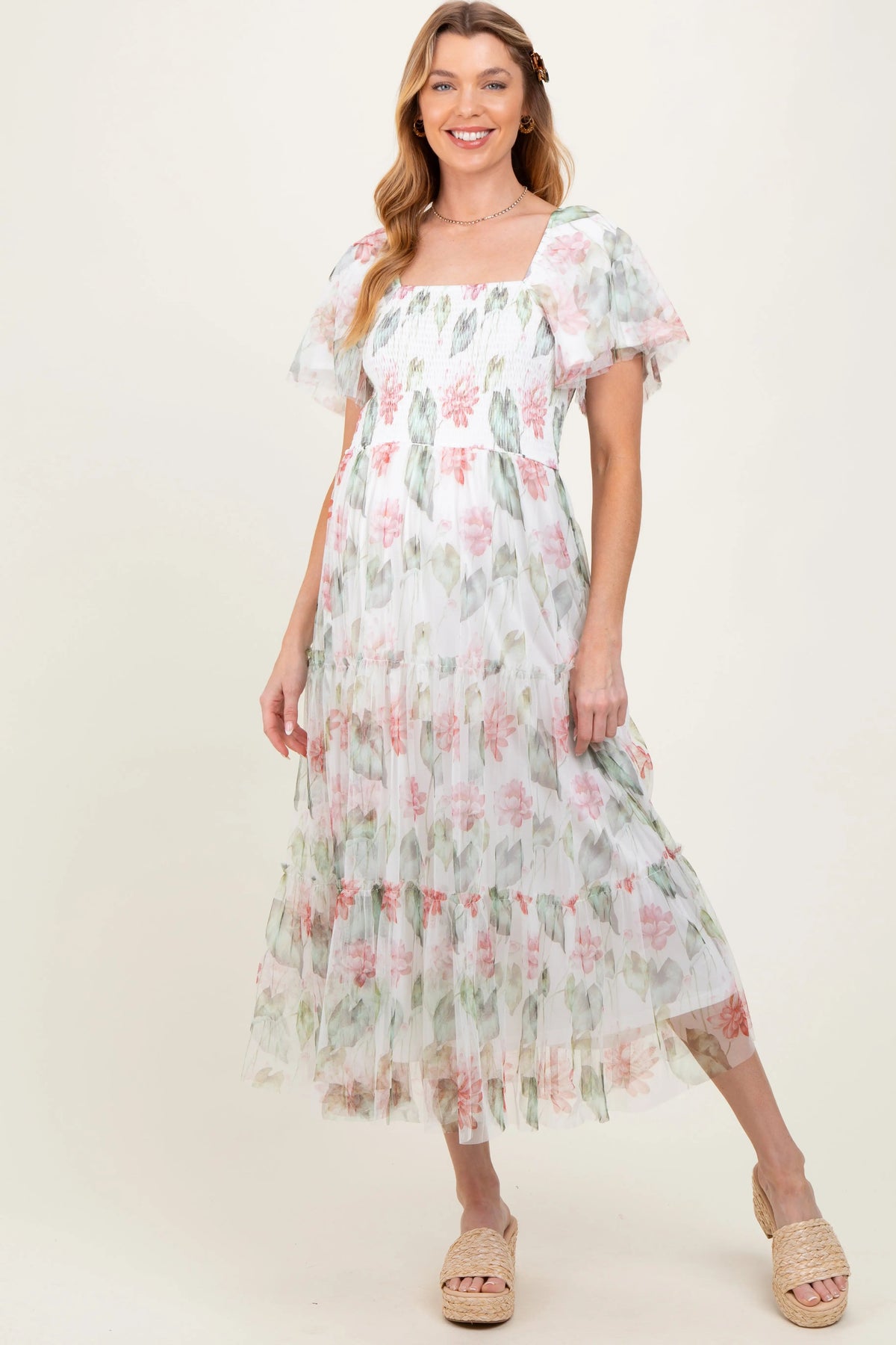 PinkBlush Ivory Floral Mesh Smocked Maternity Midi Dress - 
