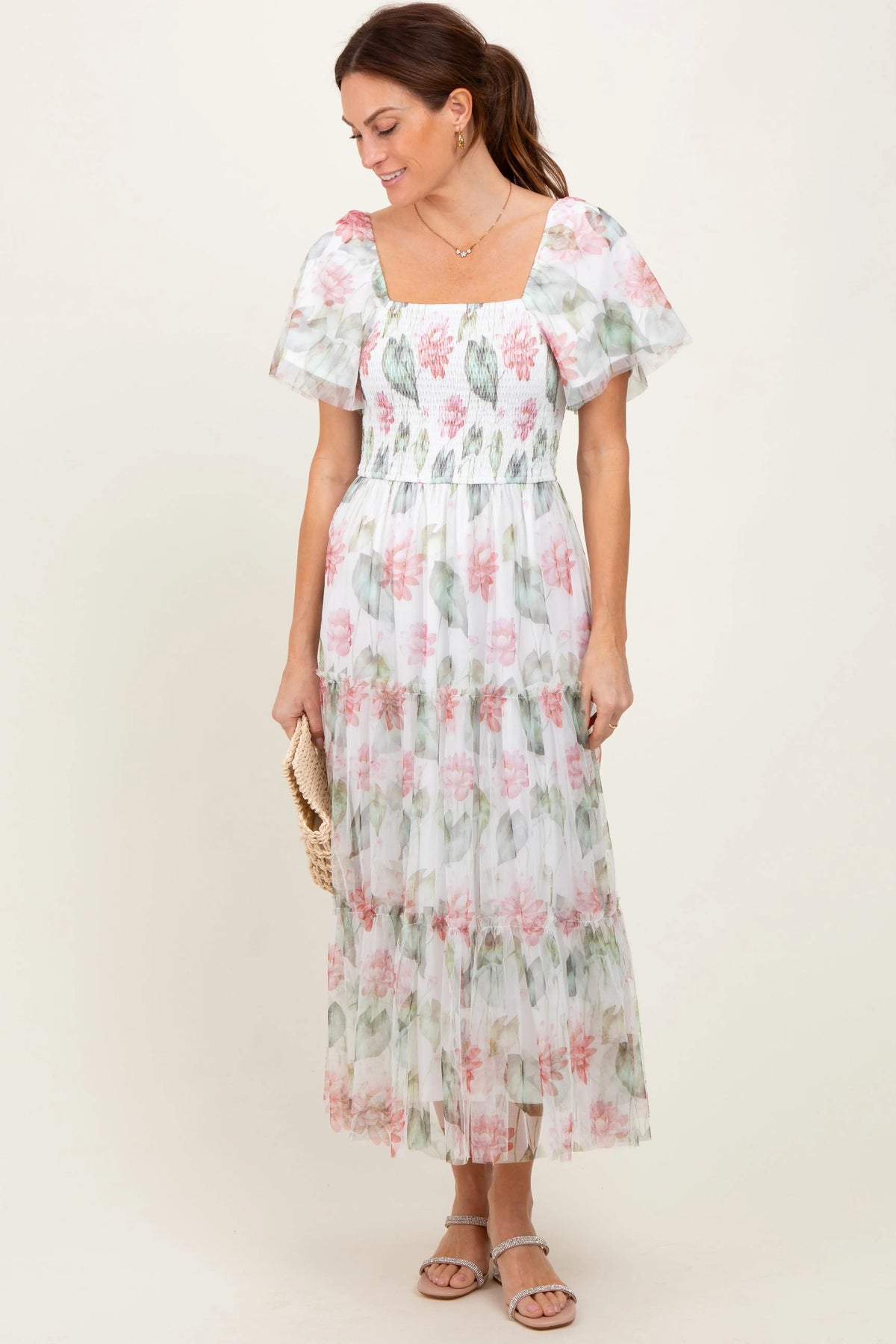 PinkBlush Ivory Floral Mesh Smocked Midi Dress - 