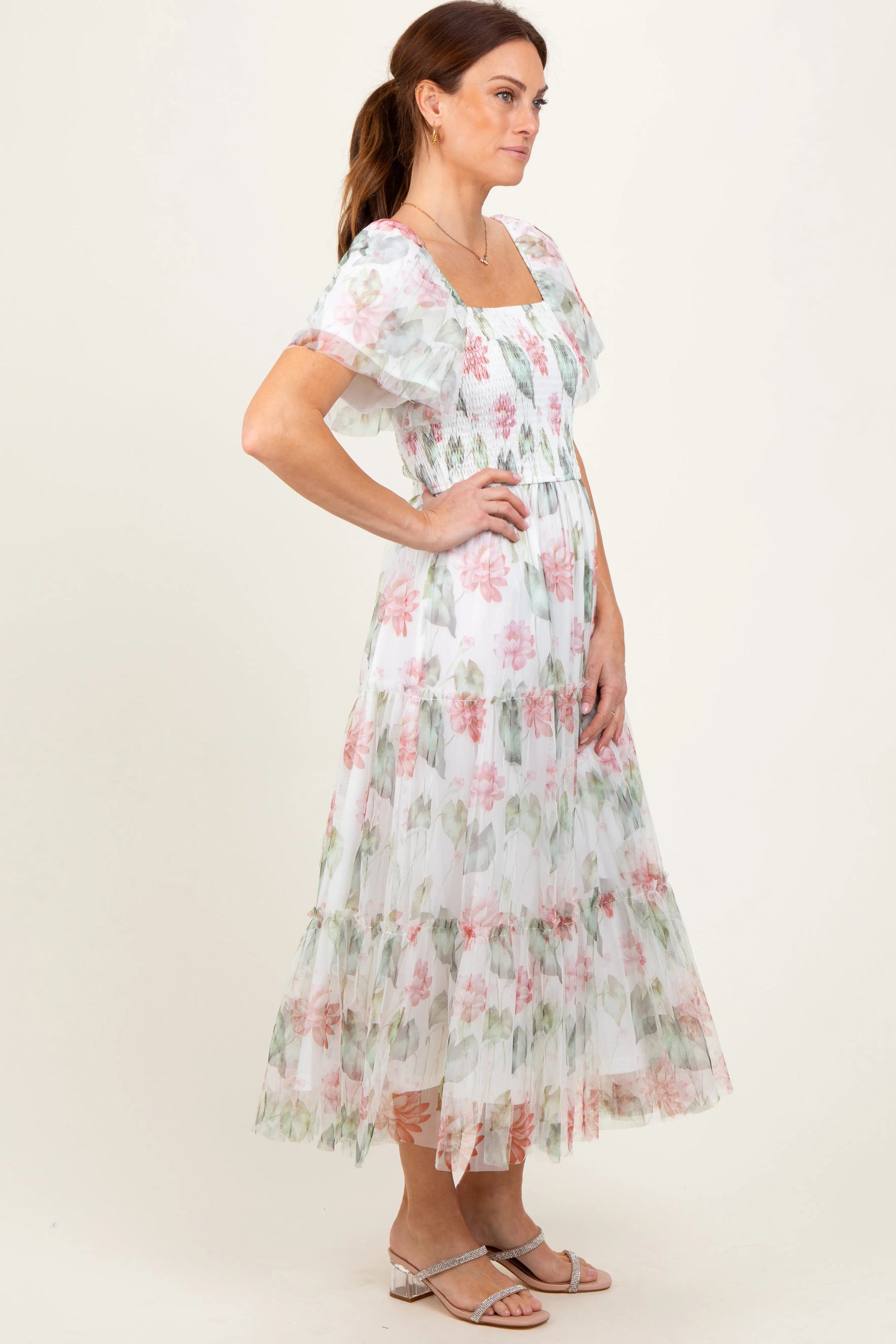 PinkBlush Ivory Floral Mesh Smocked Midi Dress - 