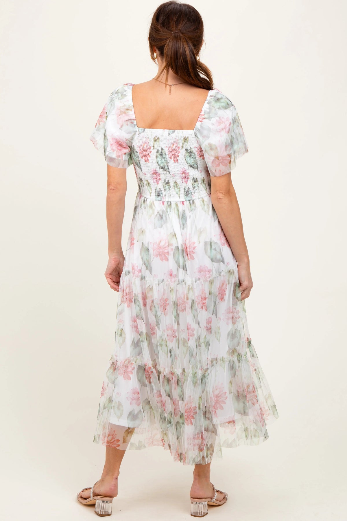 PinkBlush Ivory Floral Mesh Smocked Midi Dress - 