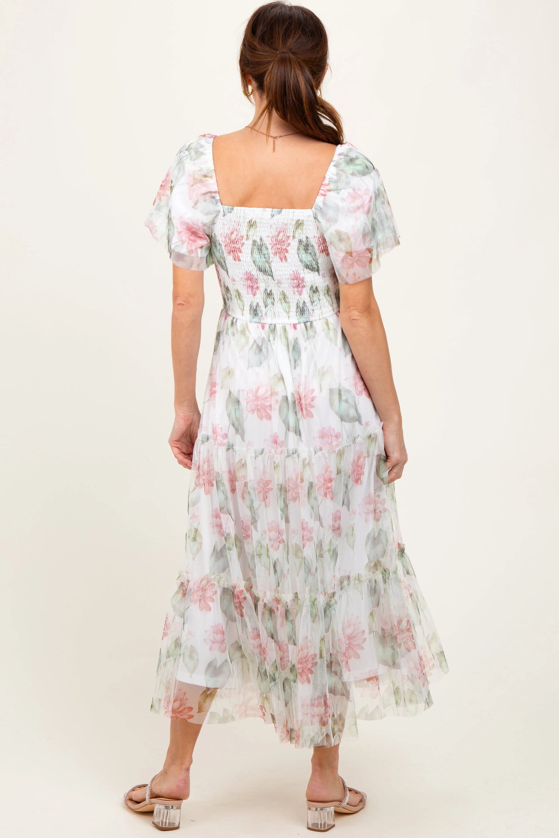 PinkBlush Ivory Floral Mesh Smocked Midi Dress - 