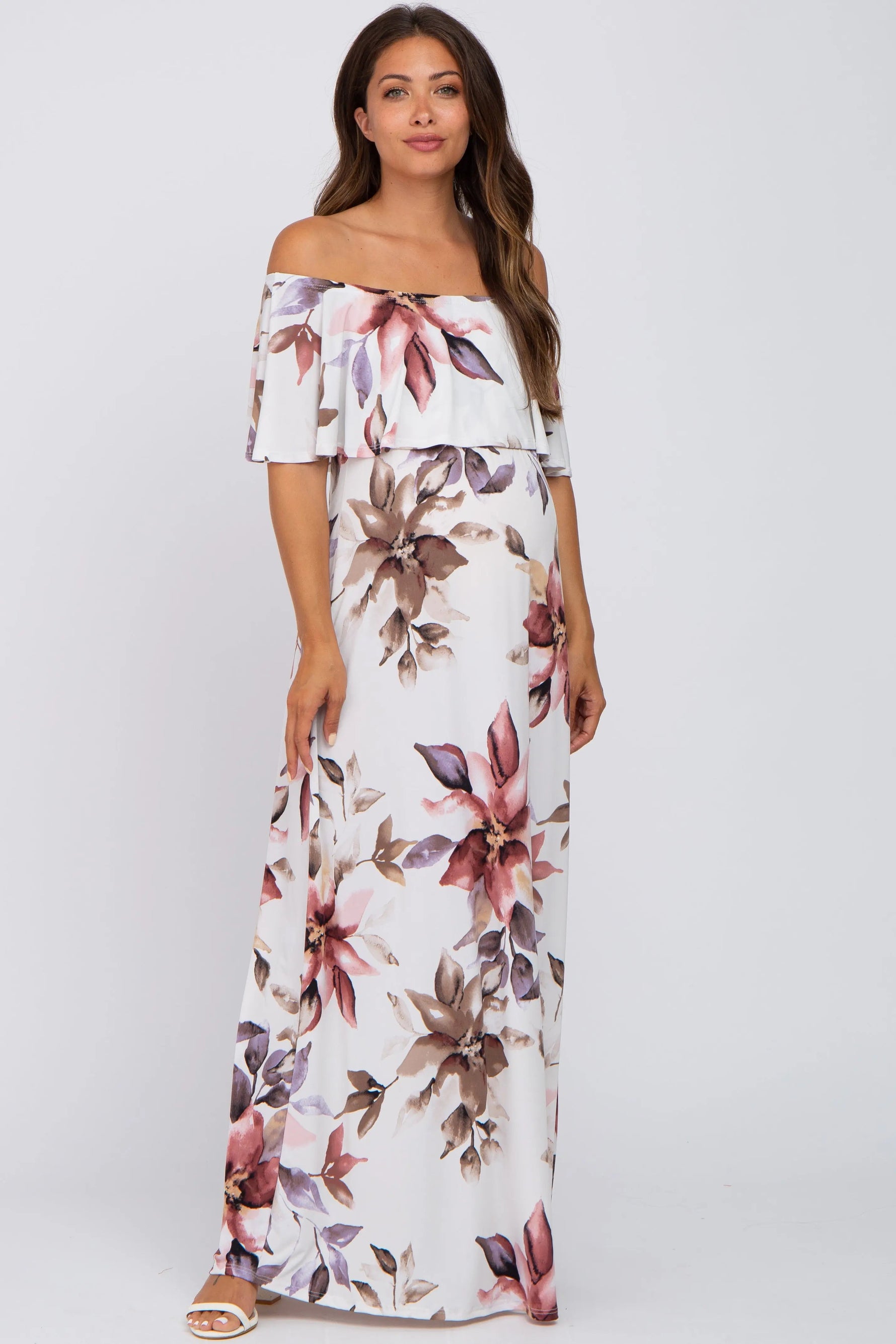 Ivory Floral Off Shoulder Maternity Maxi Dress - Pink, Person, Dress, Shoe | Everetts Place