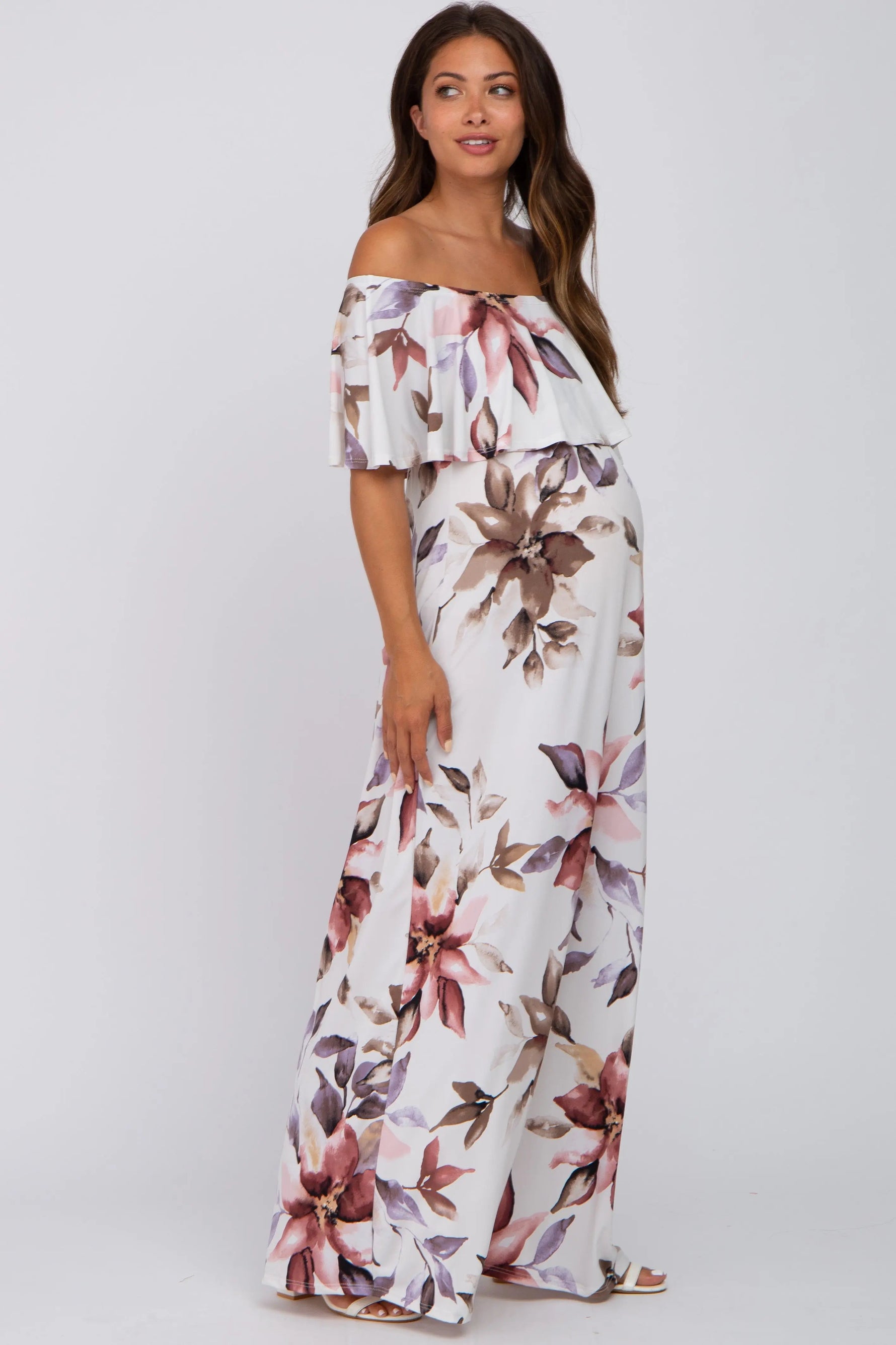 PinkBlush Ivory Floral Off Shoulder Maternity Maxi Dress - 