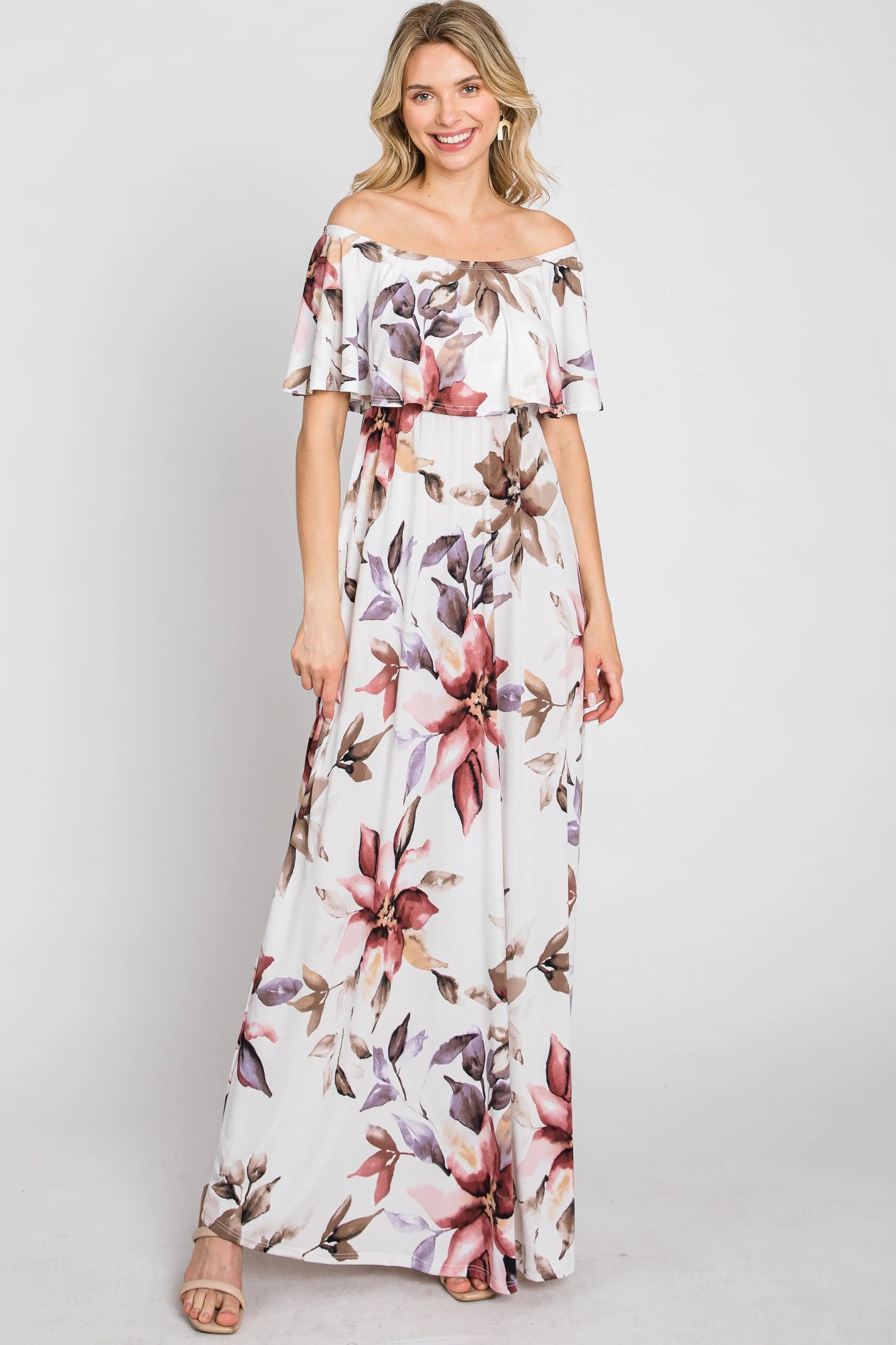 PinkBlush Ivory Floral Off Shoulder Maternity Maxi Dress - 