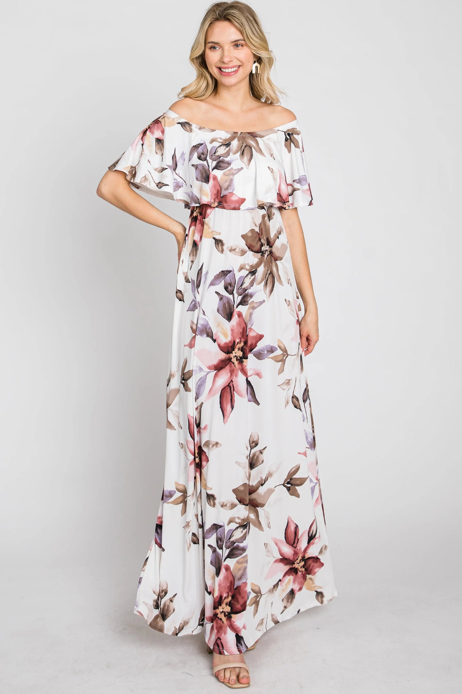PinkBlush Ivory Floral Off Shoulder Maxi Dress - 