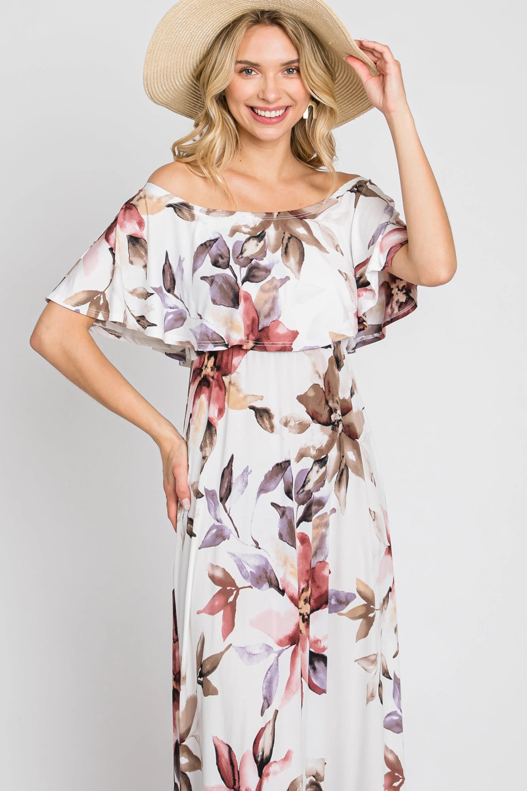 PinkBlush Ivory Floral Off Shoulder Maxi Dress - 
