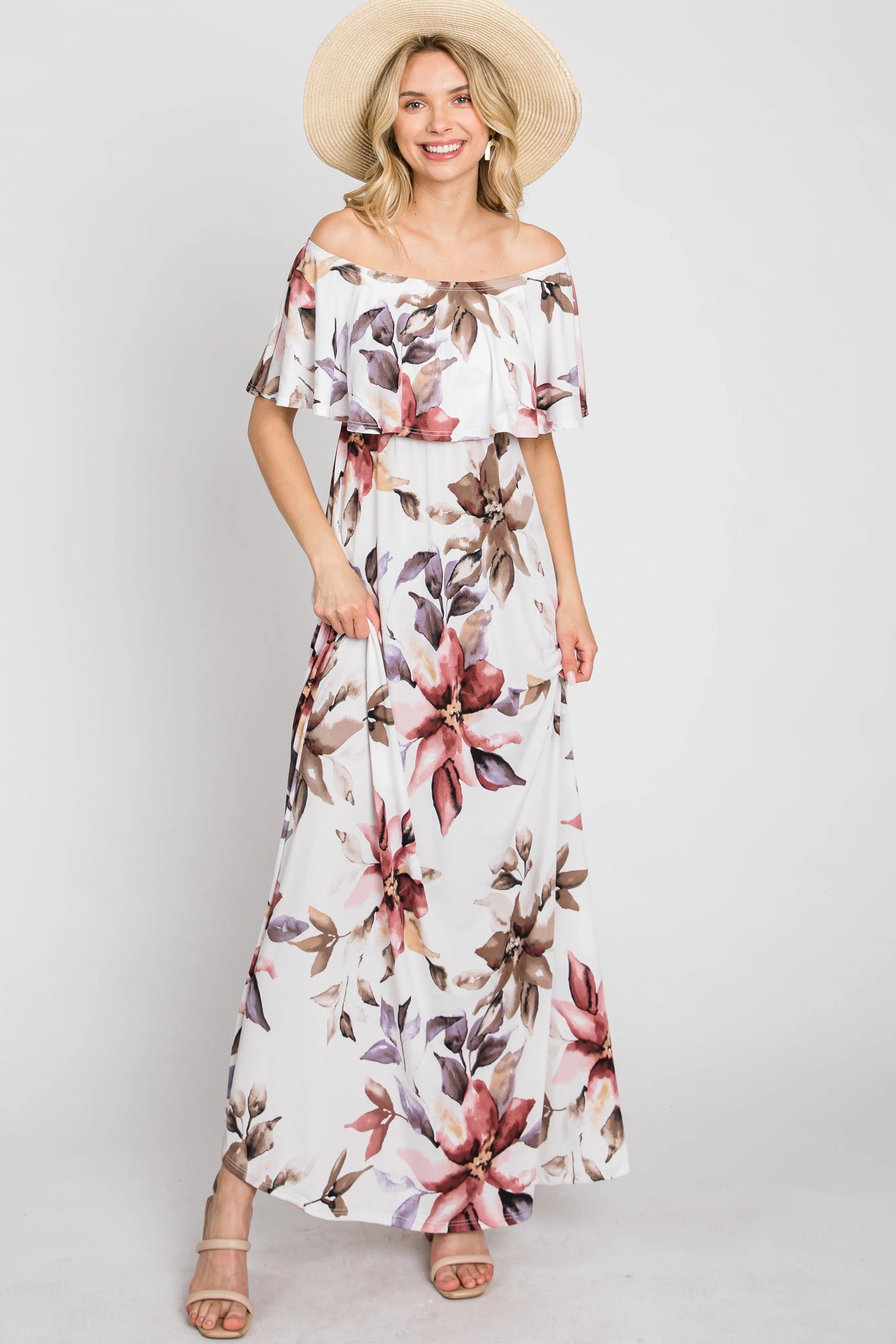 PinkBlush Ivory Floral Off Shoulder Maxi Dress - 