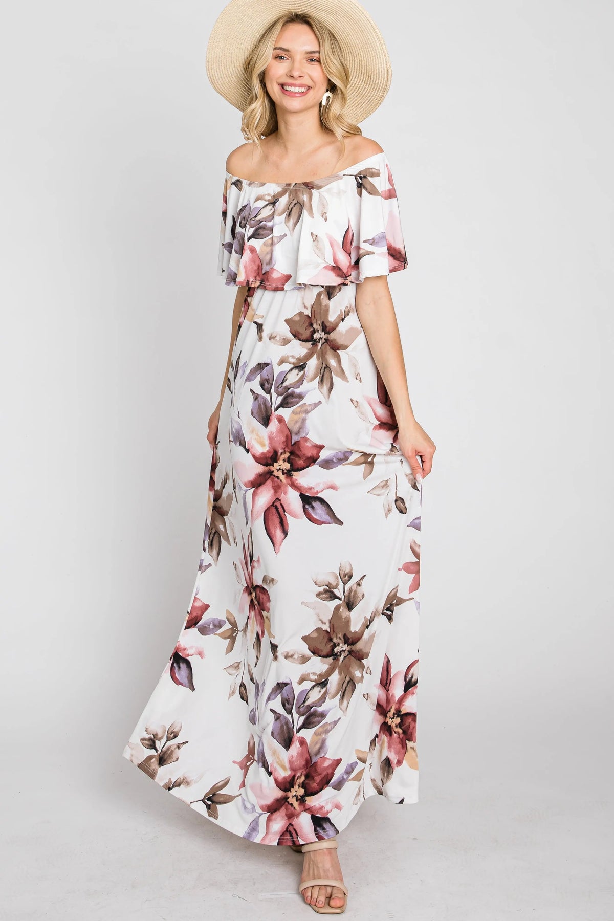 PinkBlush Ivory Floral Off Shoulder Maxi Dress - 