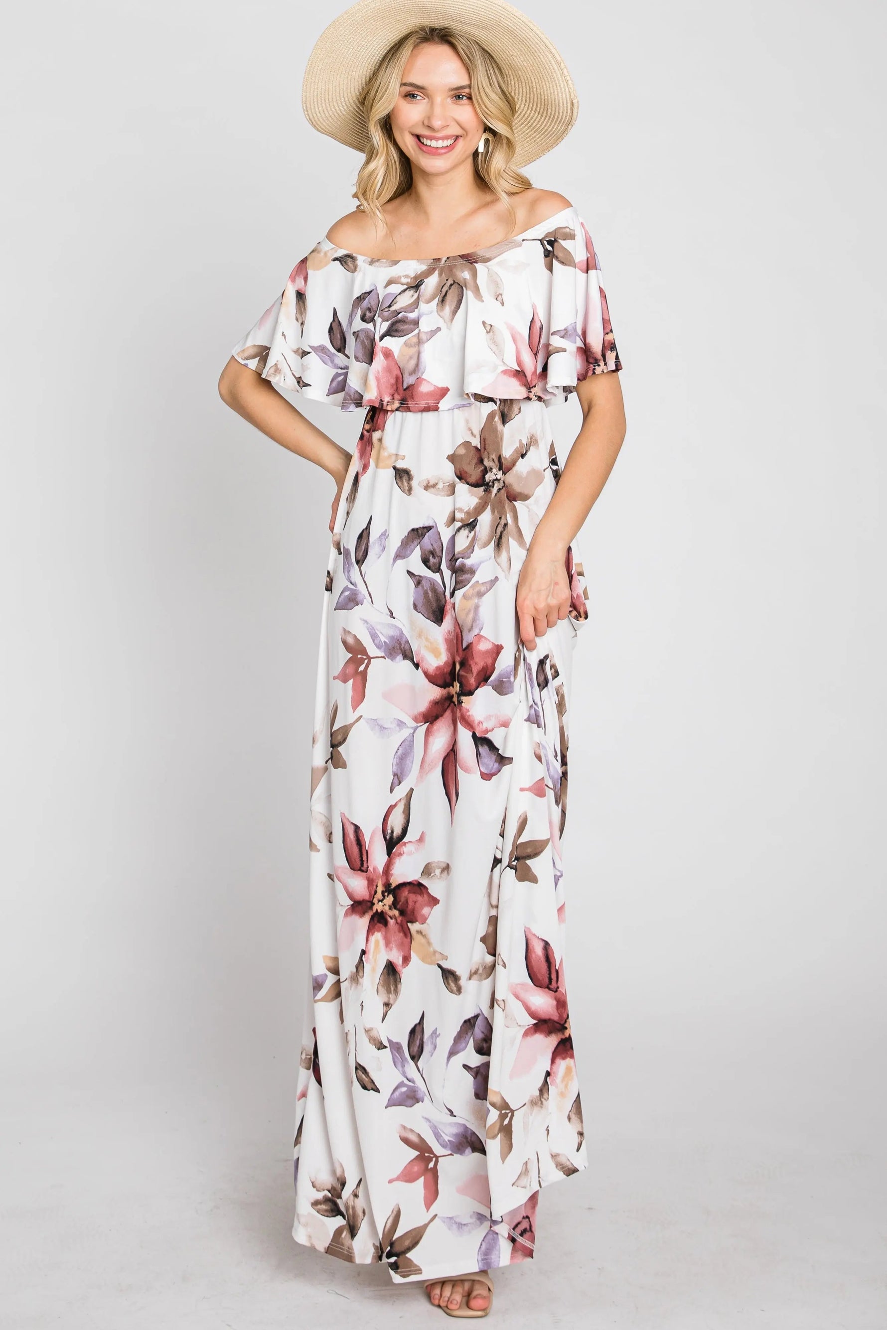 PinkBlush Ivory Floral Off Shoulder Maxi Dress - 