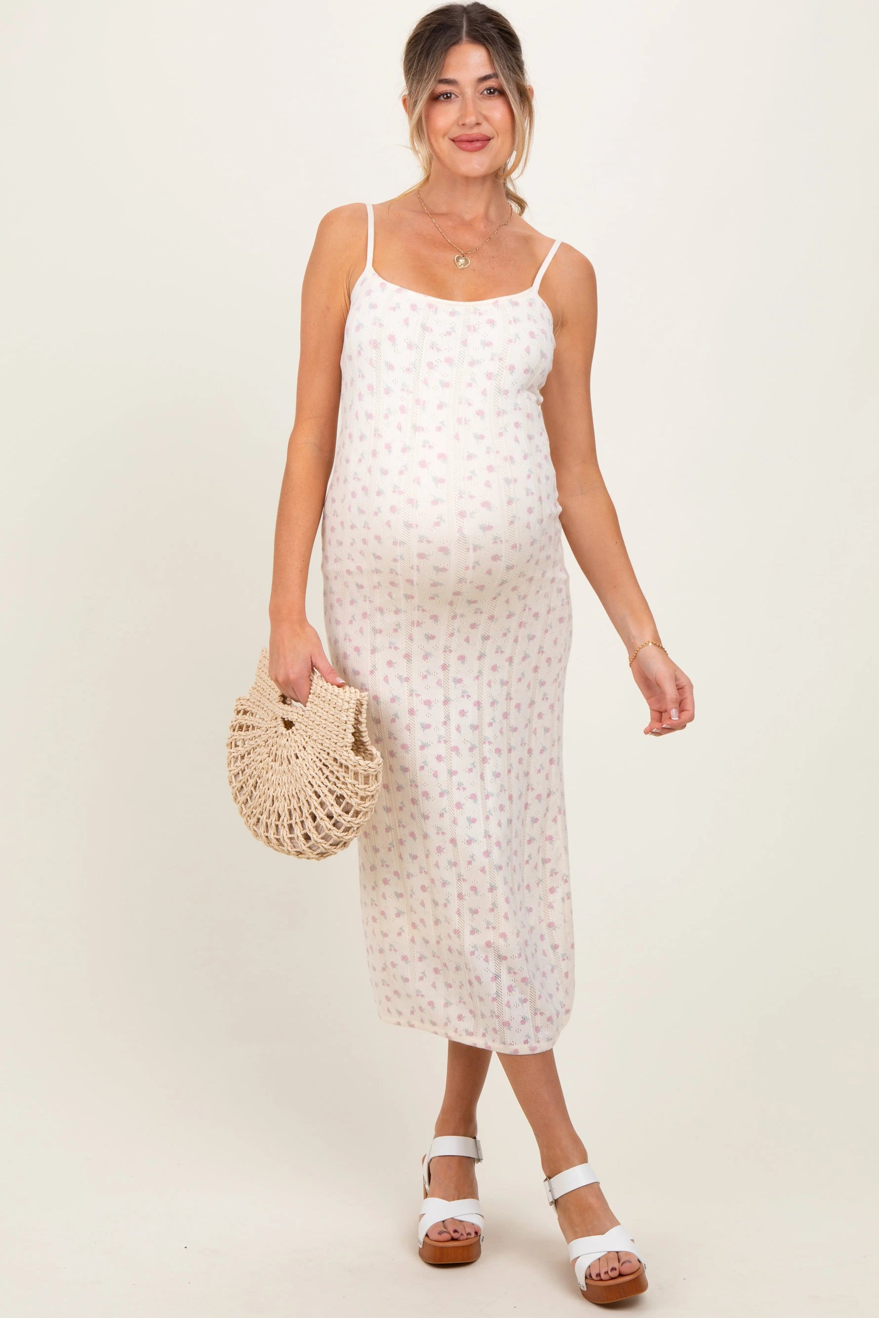 PinkBlush Ivory Floral Pointelle Knit Maternity Midi Dress - 