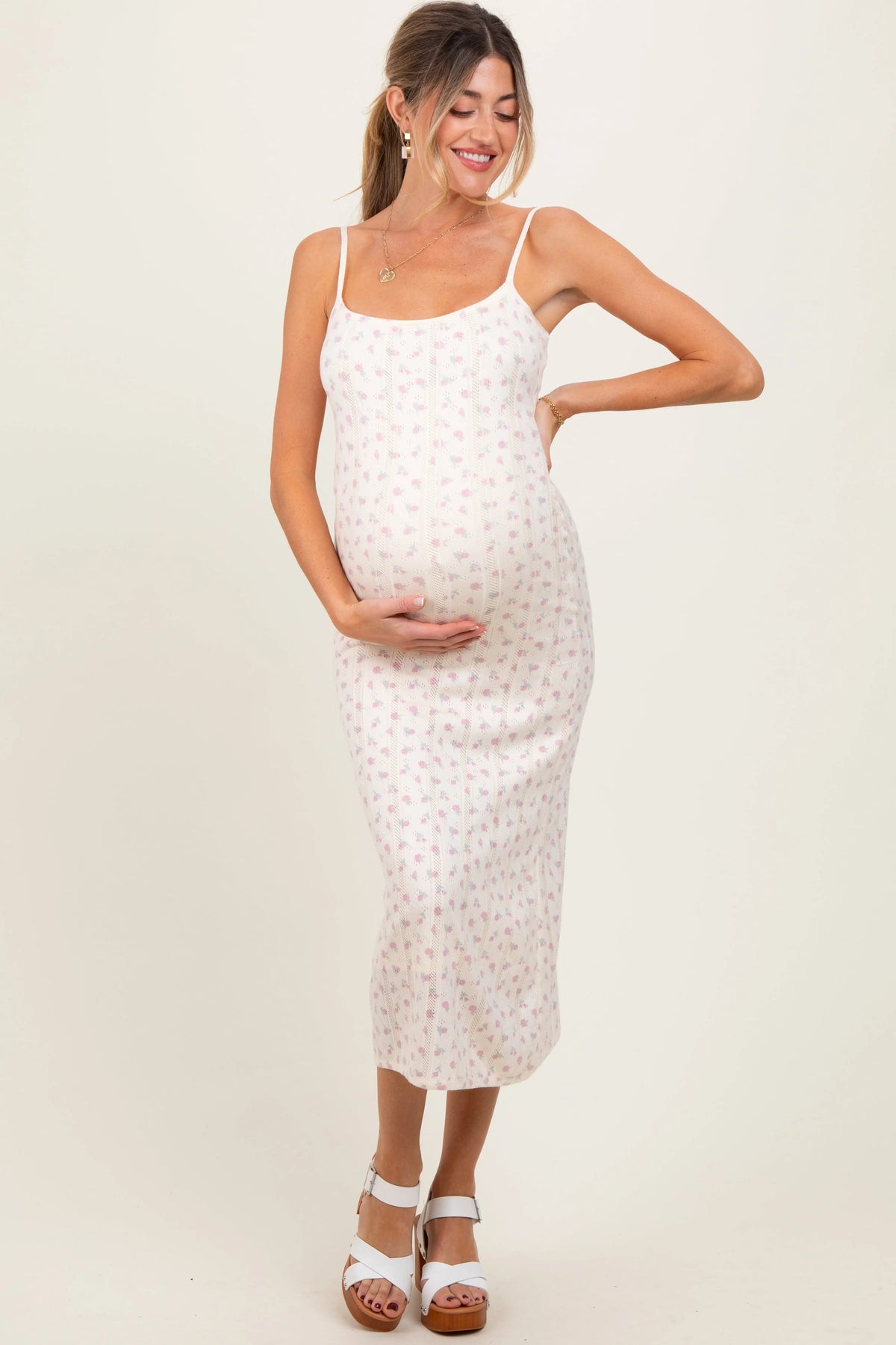 PinkBlush Ivory Floral Pointelle Knit Maternity Midi Dress - 
