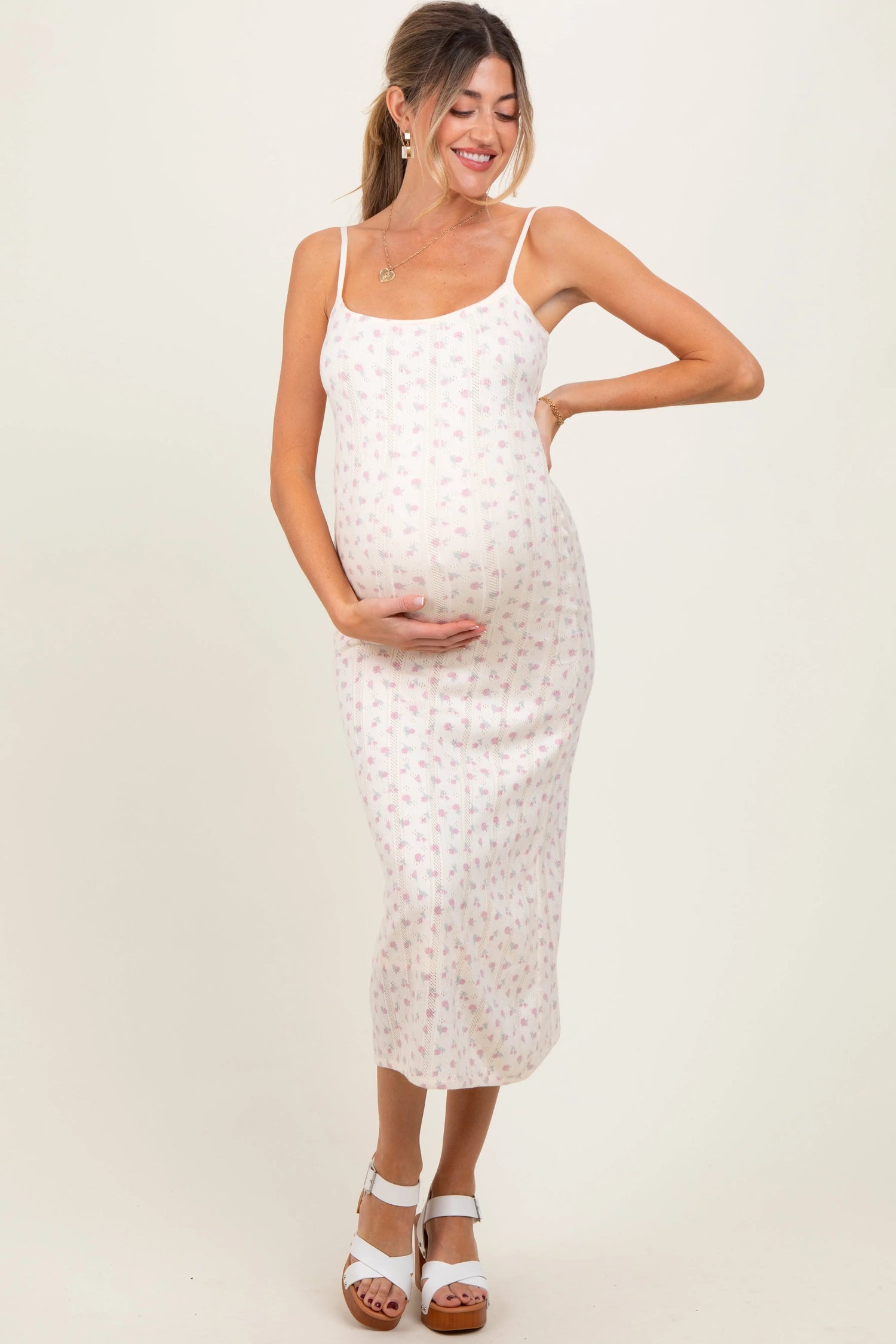 PinkBlush Ivory Floral Pointelle Knit Maternity Midi Dress - 