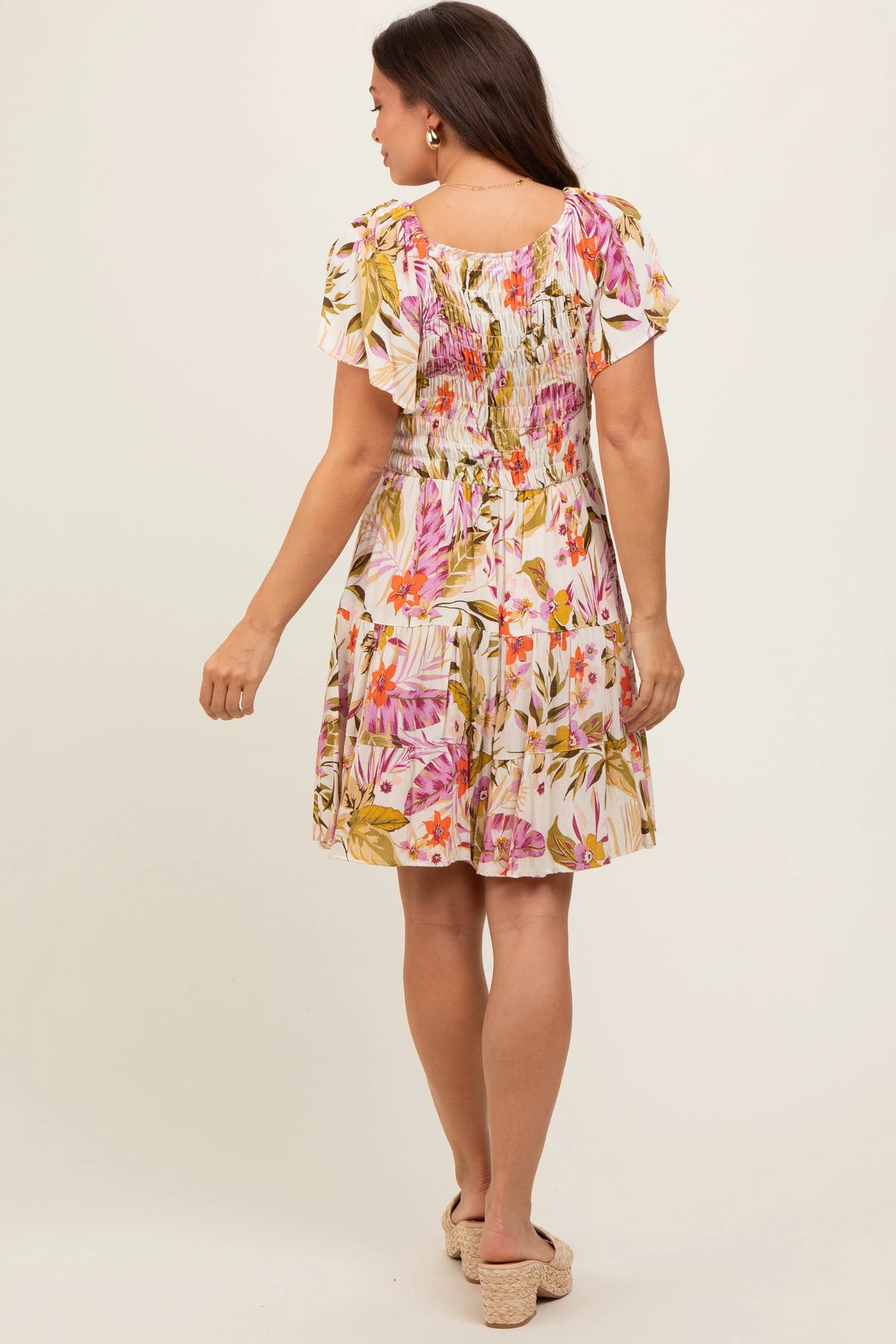 PinkBlush Ivory Floral Smocked Front Tiered Maternity Dress - 