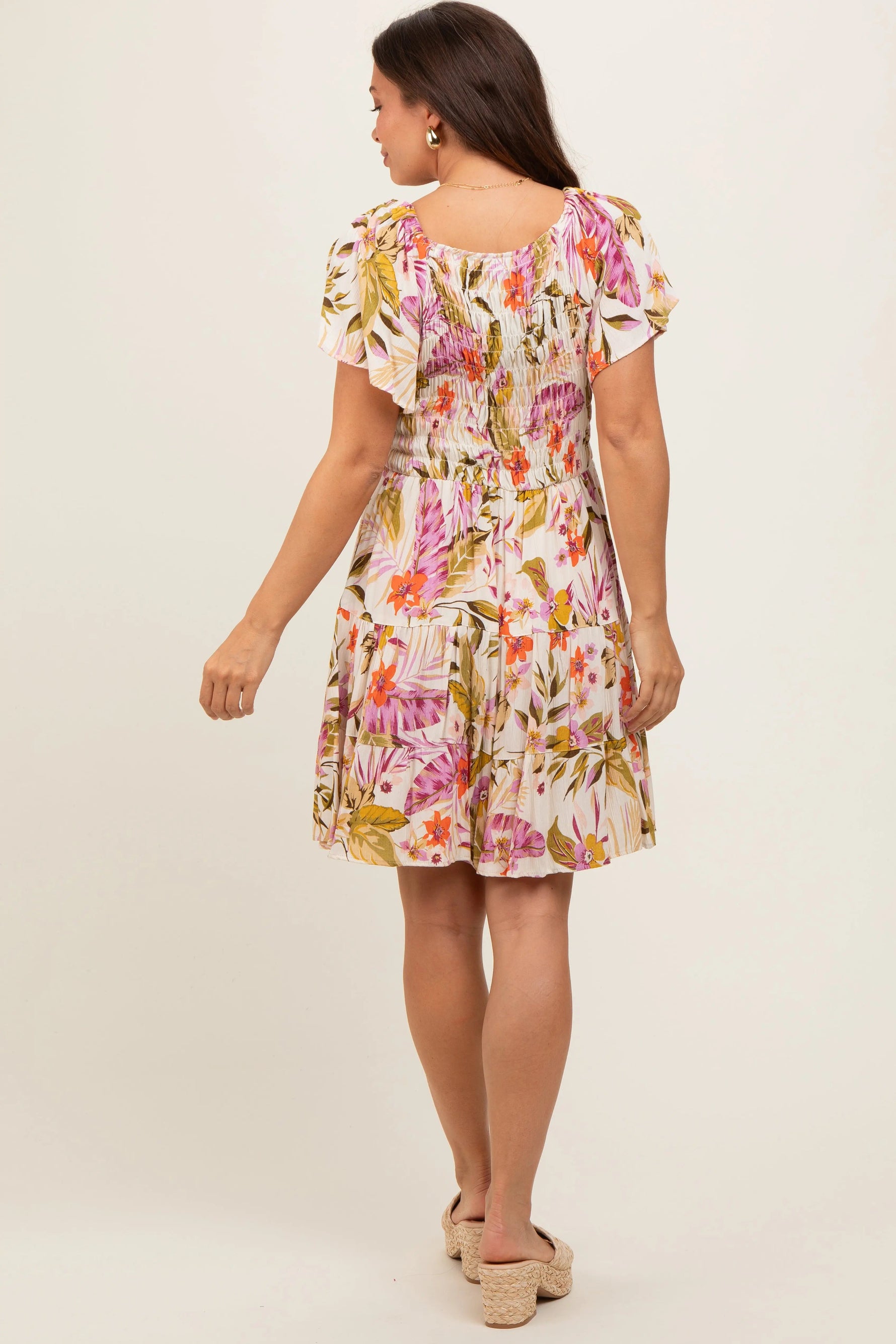 PinkBlush Ivory Floral Smocked Front Tiered Maternity Dress - 