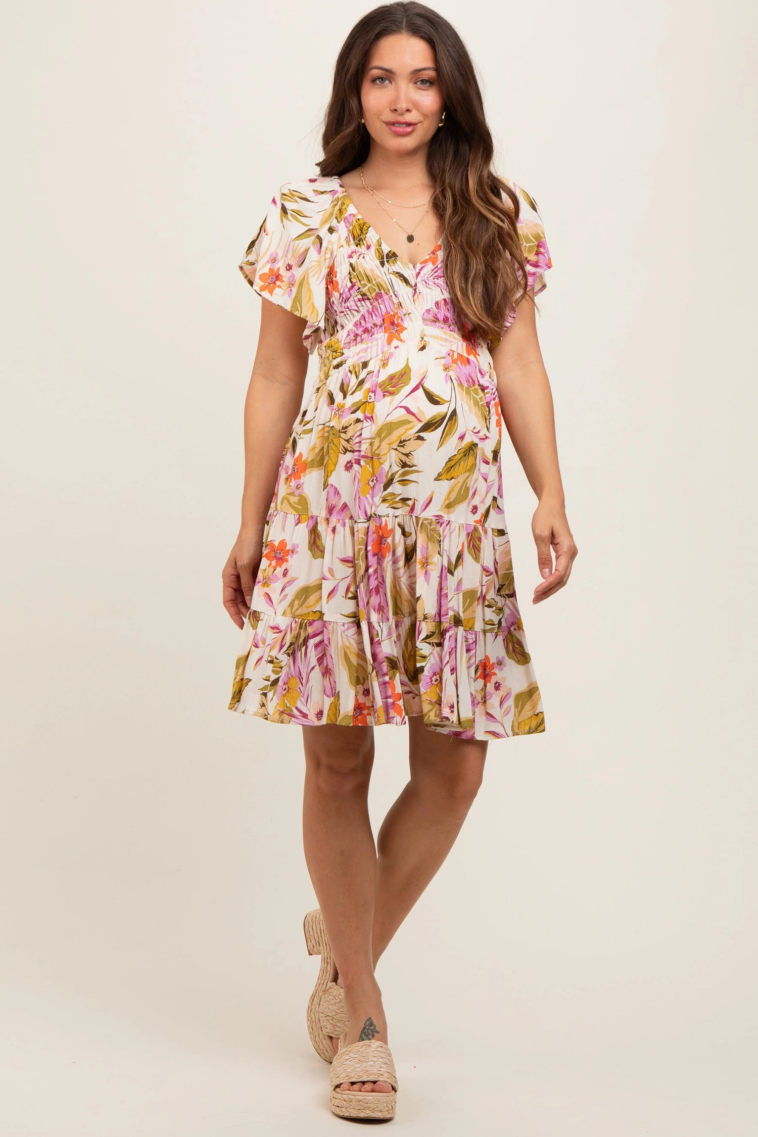 PinkBlush Ivory Floral Smocked Front Tiered Maternity Dress - 