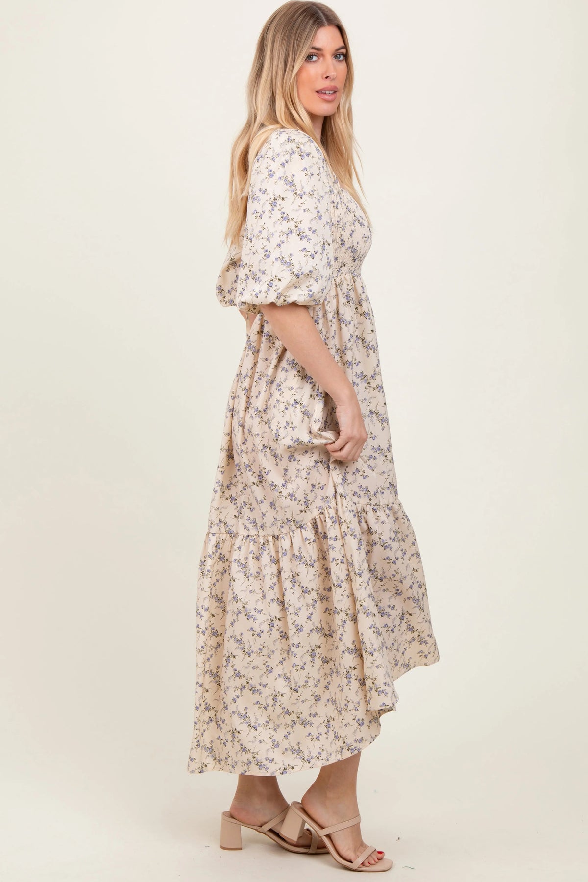 PinkBlush Ivory Floral Smocked Hi - Low Puff Sleeve Maxi Dress - 