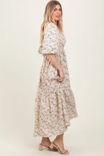 PinkBlush Ivory Floral Smocked Hi - Low Puff Sleeve Maxi Dress - 