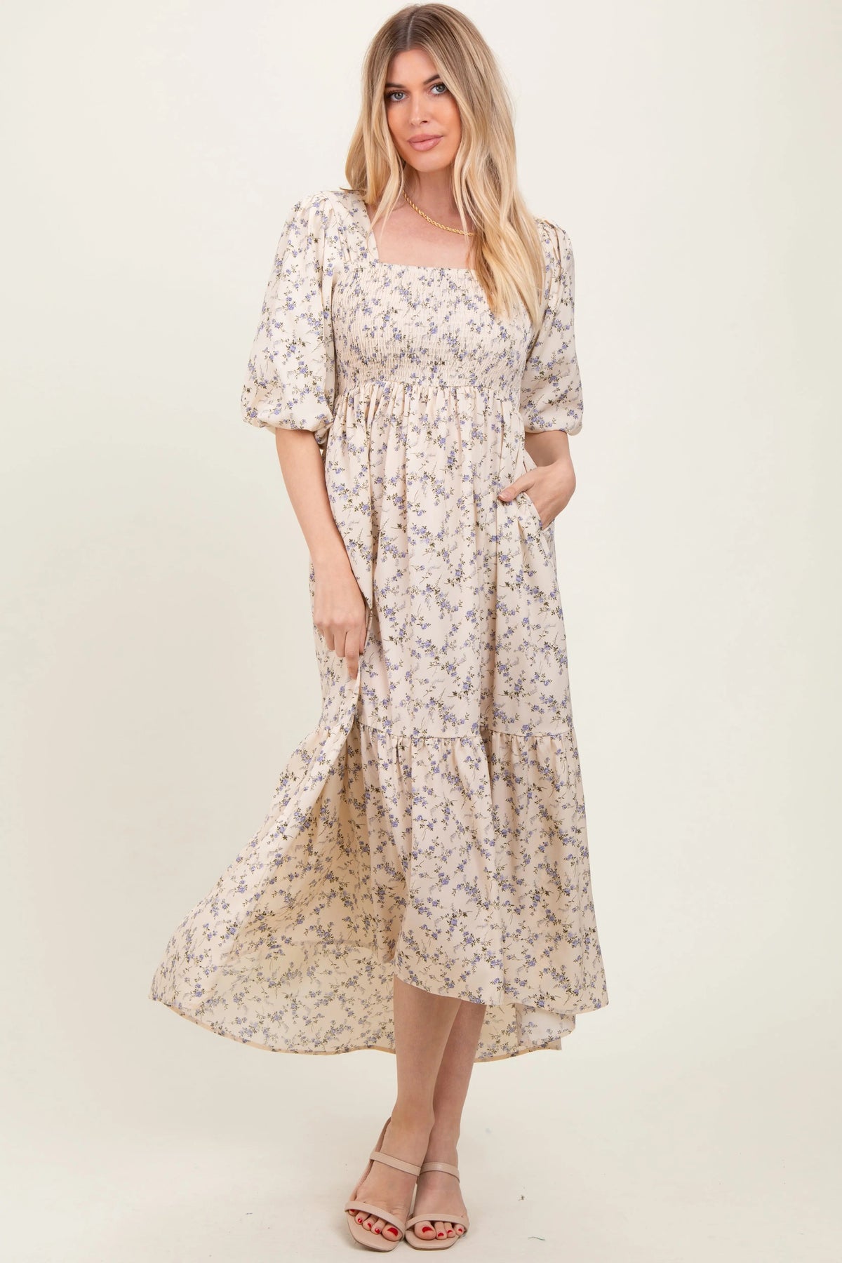 PinkBlush Ivory Floral Smocked Hi - Low Puff Sleeve Maxi Dress - 