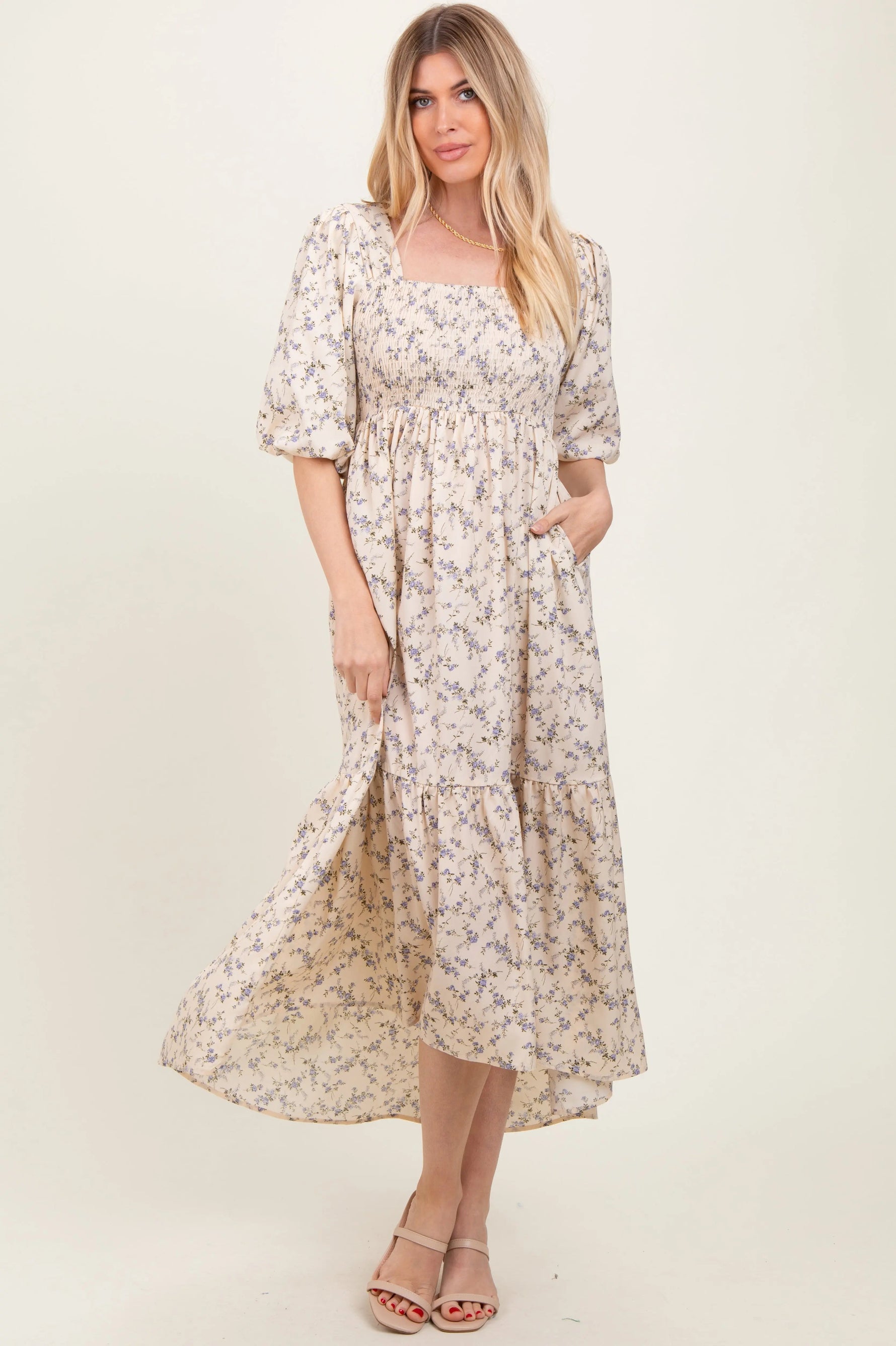 PinkBlush Ivory Floral Smocked Hi - Low Puff Sleeve Maxi Dress - 