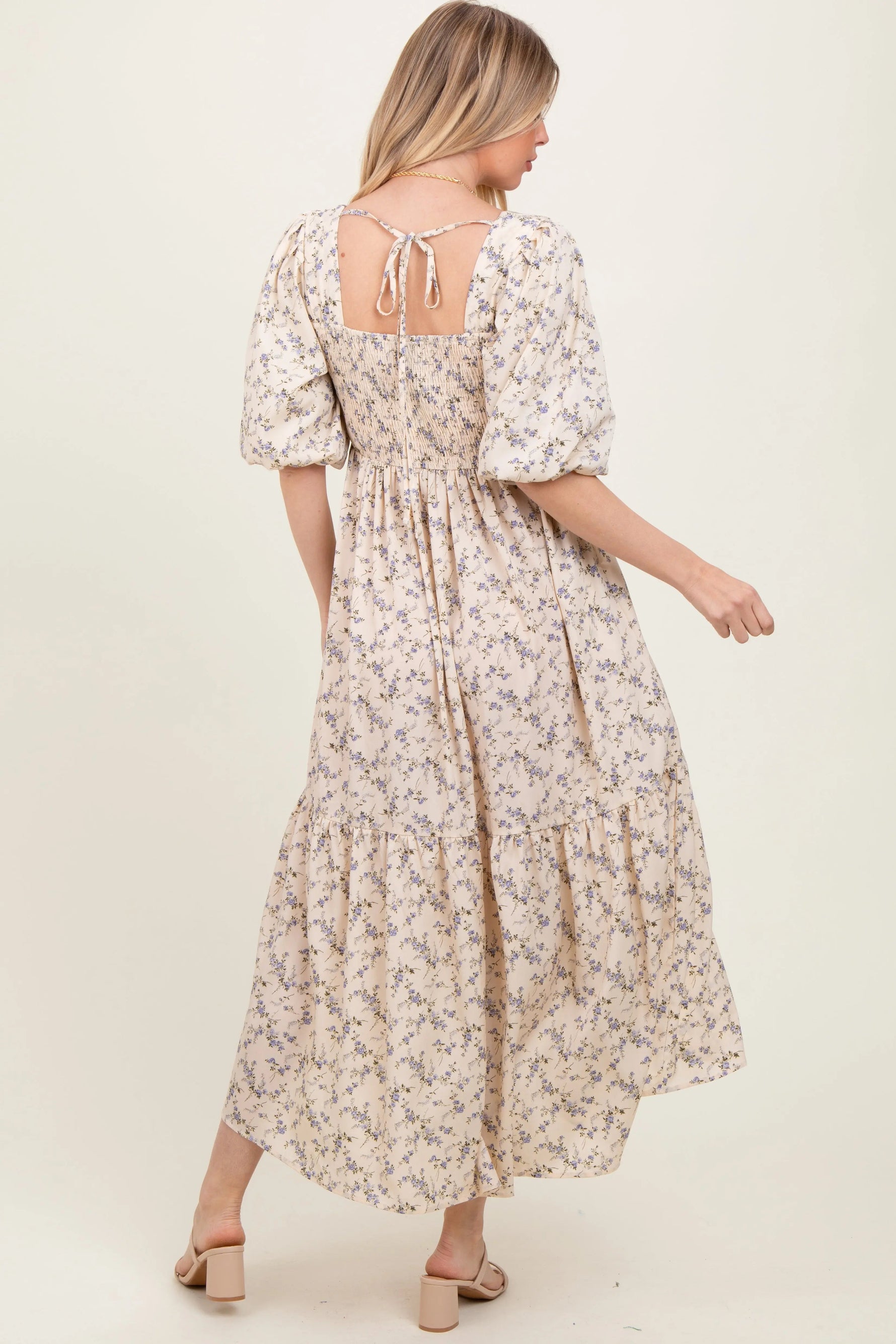 PinkBlush Ivory Floral Smocked Hi - Low Puff Sleeve Maxi Dress - 