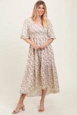 PinkBlush Ivory Floral Smocked Hi - Low Puff Sleeve Maxi Dress - 