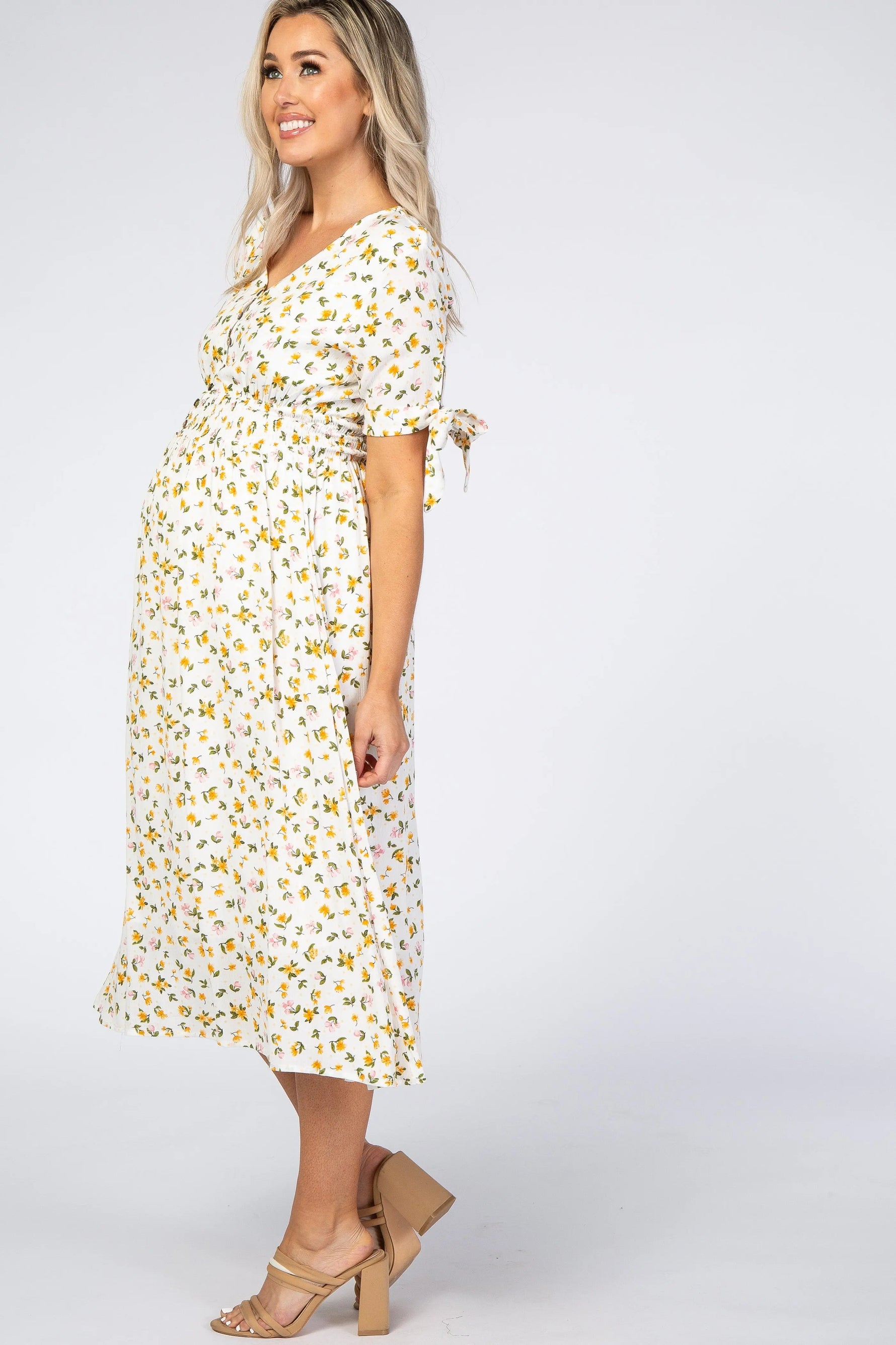 PinkBlush Ivory Floral Tie Sleeve Maternity Midi Dress - 