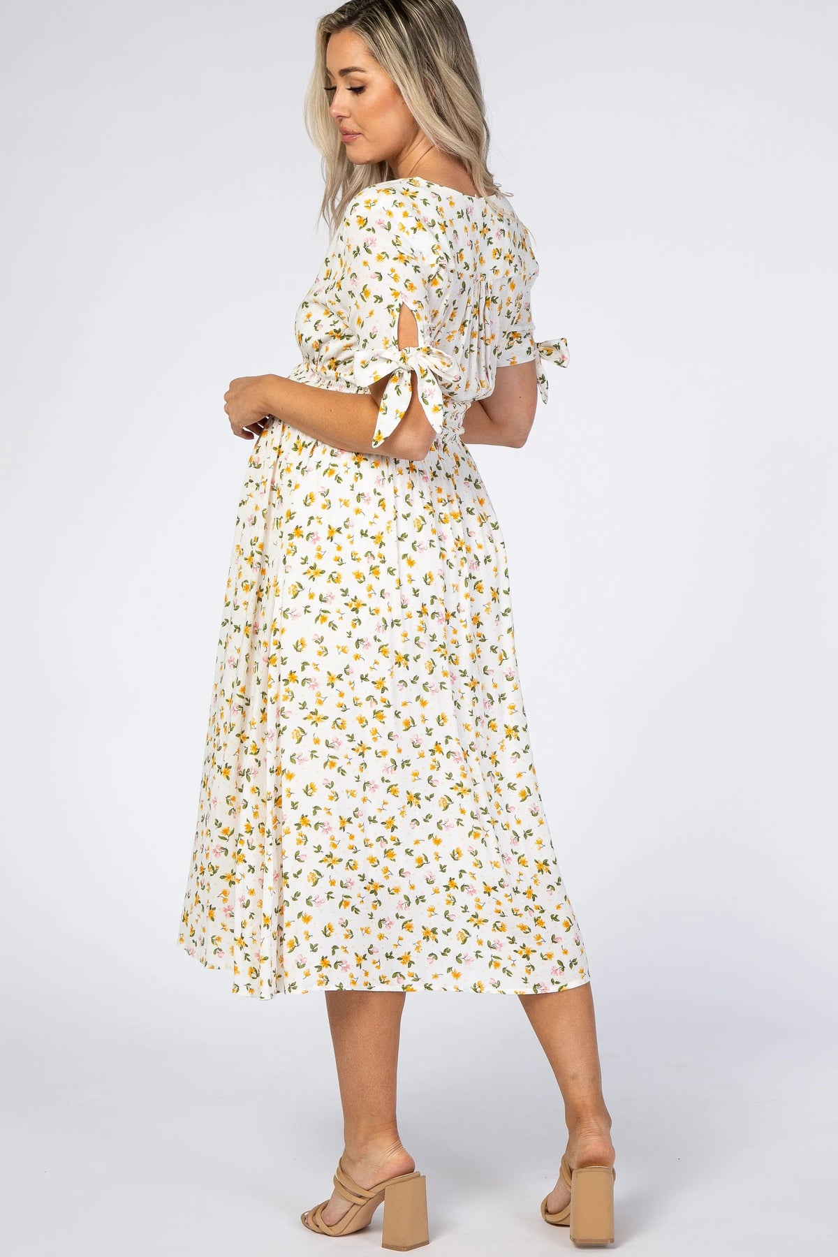 PinkBlush Ivory Floral Tie Sleeve Maternity Midi Dress - 