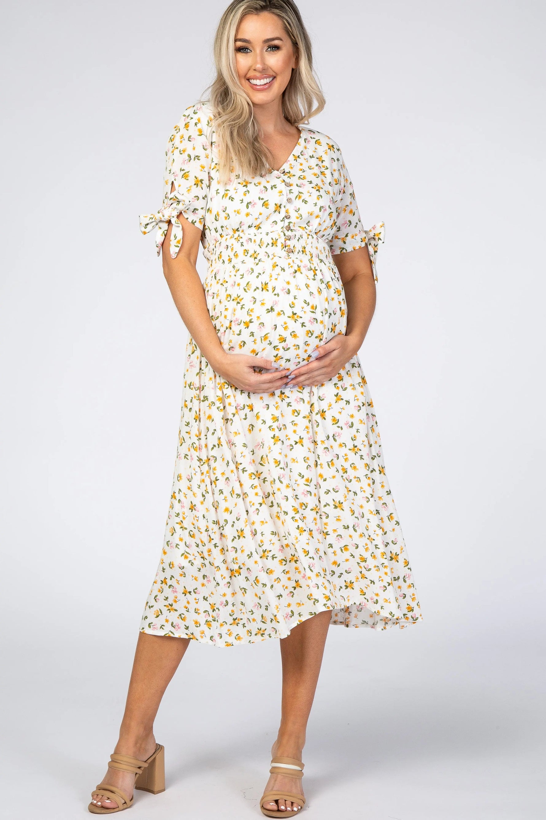 Ivory Floral Tie Sleeve Maternity Midi Dress - Day Dress, One-piece garment, Person, Dress, Sandal | Everetts Place