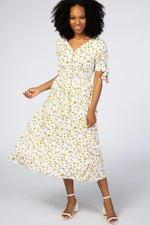 PinkBlush Ivory Floral Tie Sleeve Maternity Midi Dress - 