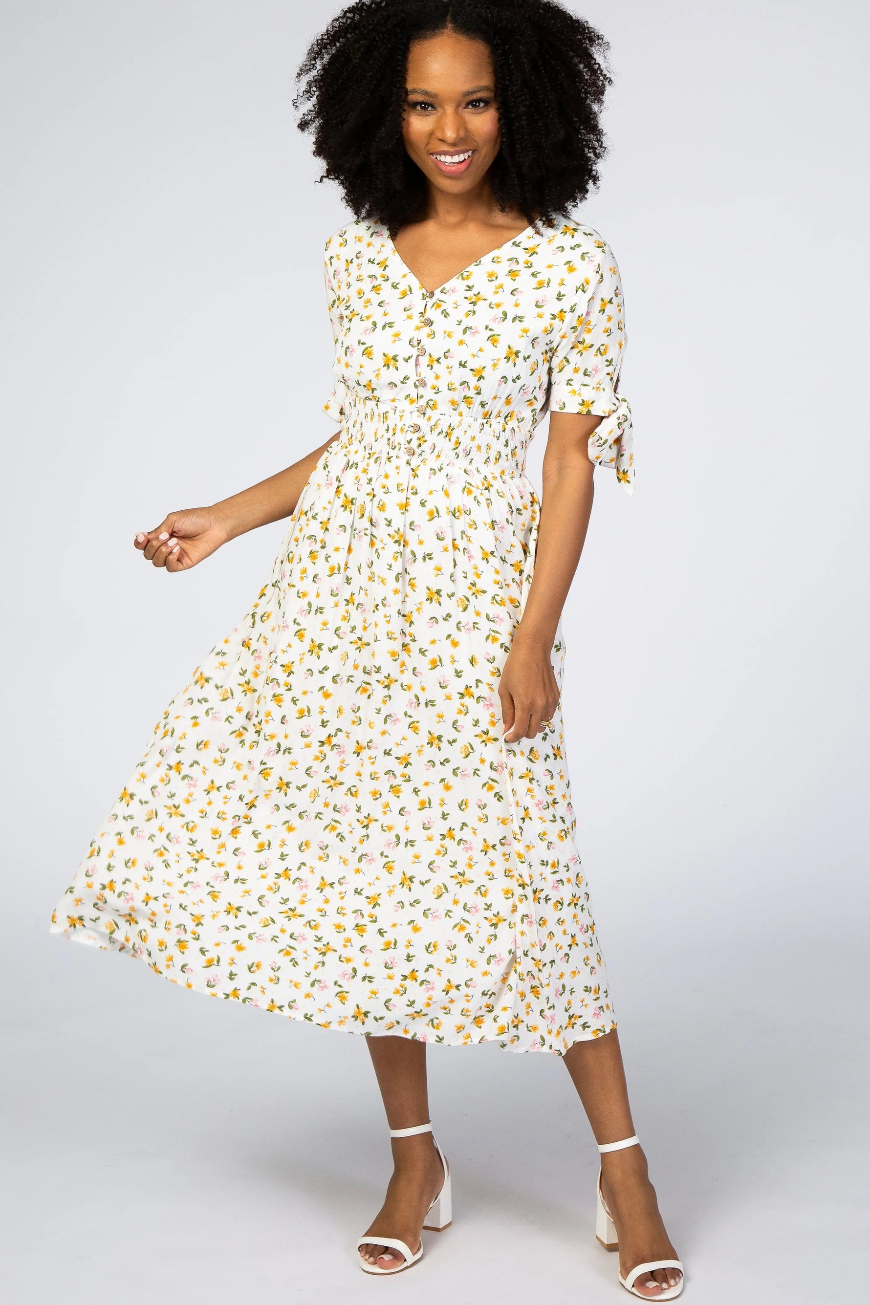 PinkBlush Ivory Floral Tie Sleeve Maternity Midi Dress - 