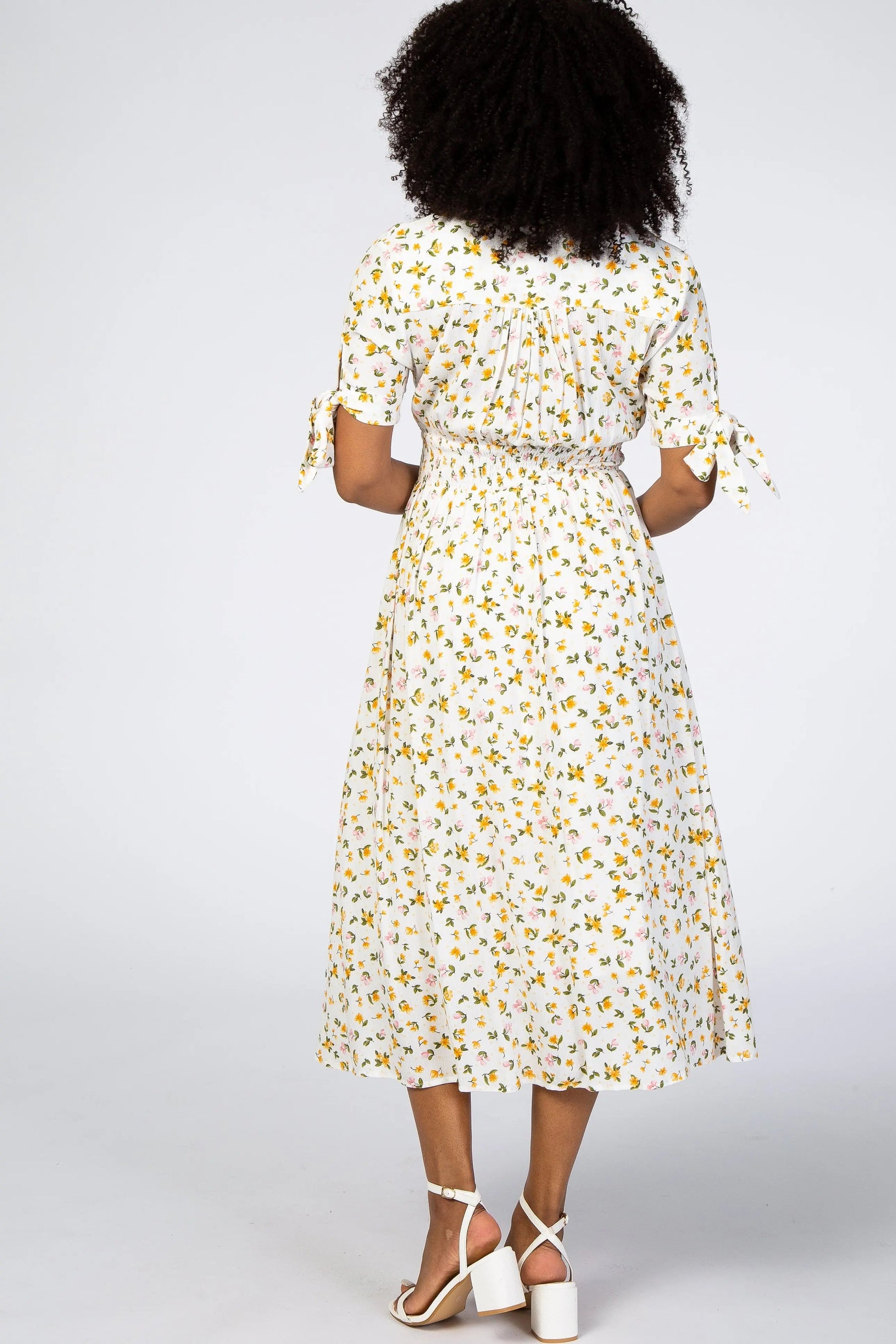 PinkBlush Ivory Floral Tie Sleeve Midi Dress - 