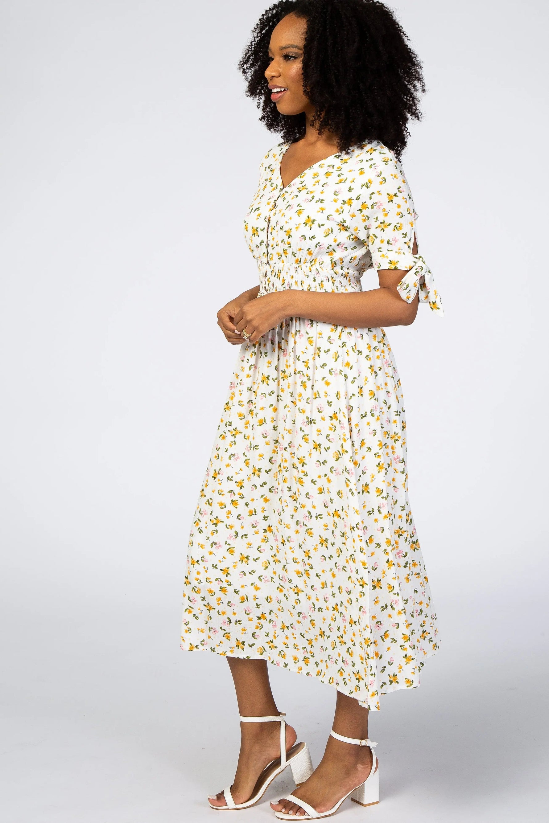 PinkBlush Ivory Floral Tie Sleeve Midi Dress - 