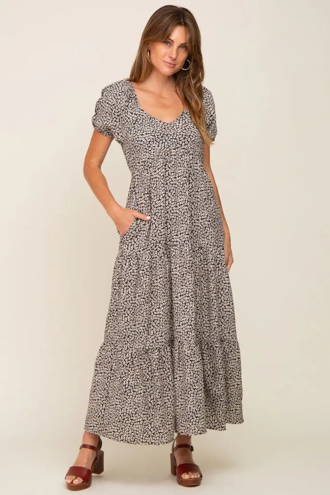 PinkBlush Ivory Foral Puff Sleeve Maxi Dress - 