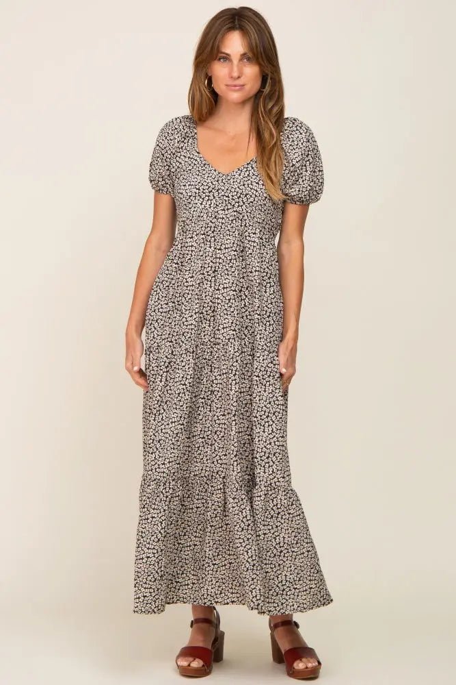 Ivory Foral Puff Sleeve Maxi Dress - Dress, Sandal, Shoe, High heels, Person | Everetts Place