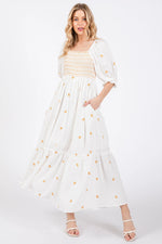 PinkBlush Ivory Gauze Smocked Embroidered Square Neck Maternity Midi Dress - 