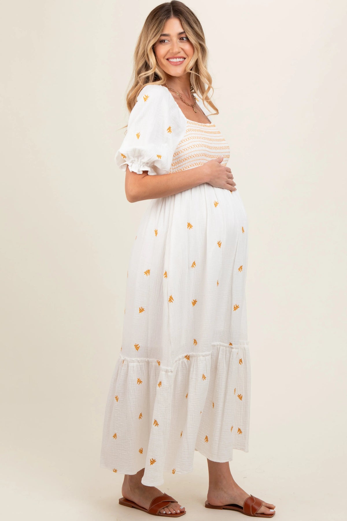 PinkBlush Ivory Gauze Smocked Embroidered Square Neck Maternity Midi Dress - 