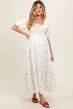 PinkBlush Ivory Gauze Smocked Embroidered Square Neck Maternity Midi Dress - 