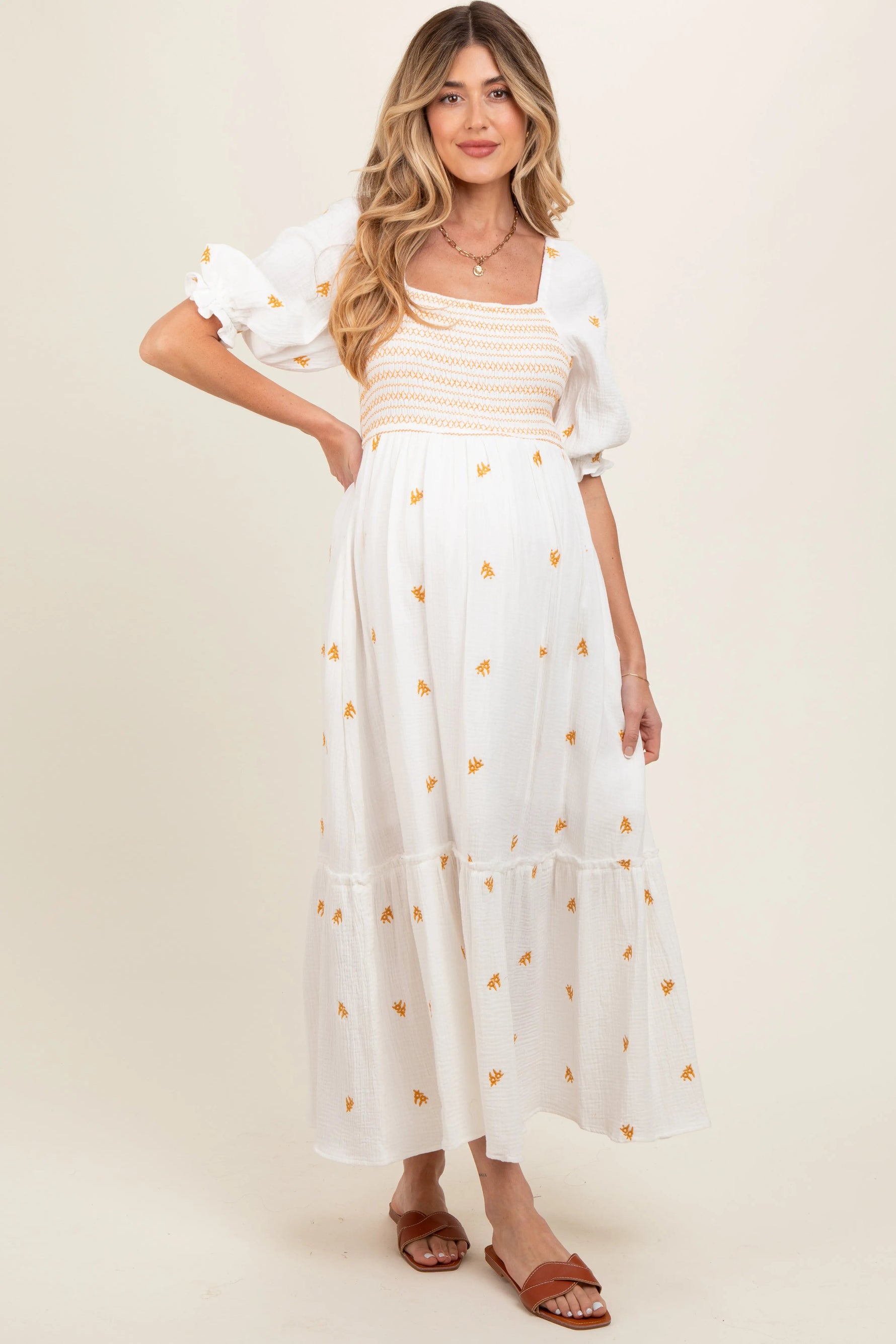 PinkBlush Ivory Gauze Smocked Embroidered Square Neck Maternity Midi Dress - 