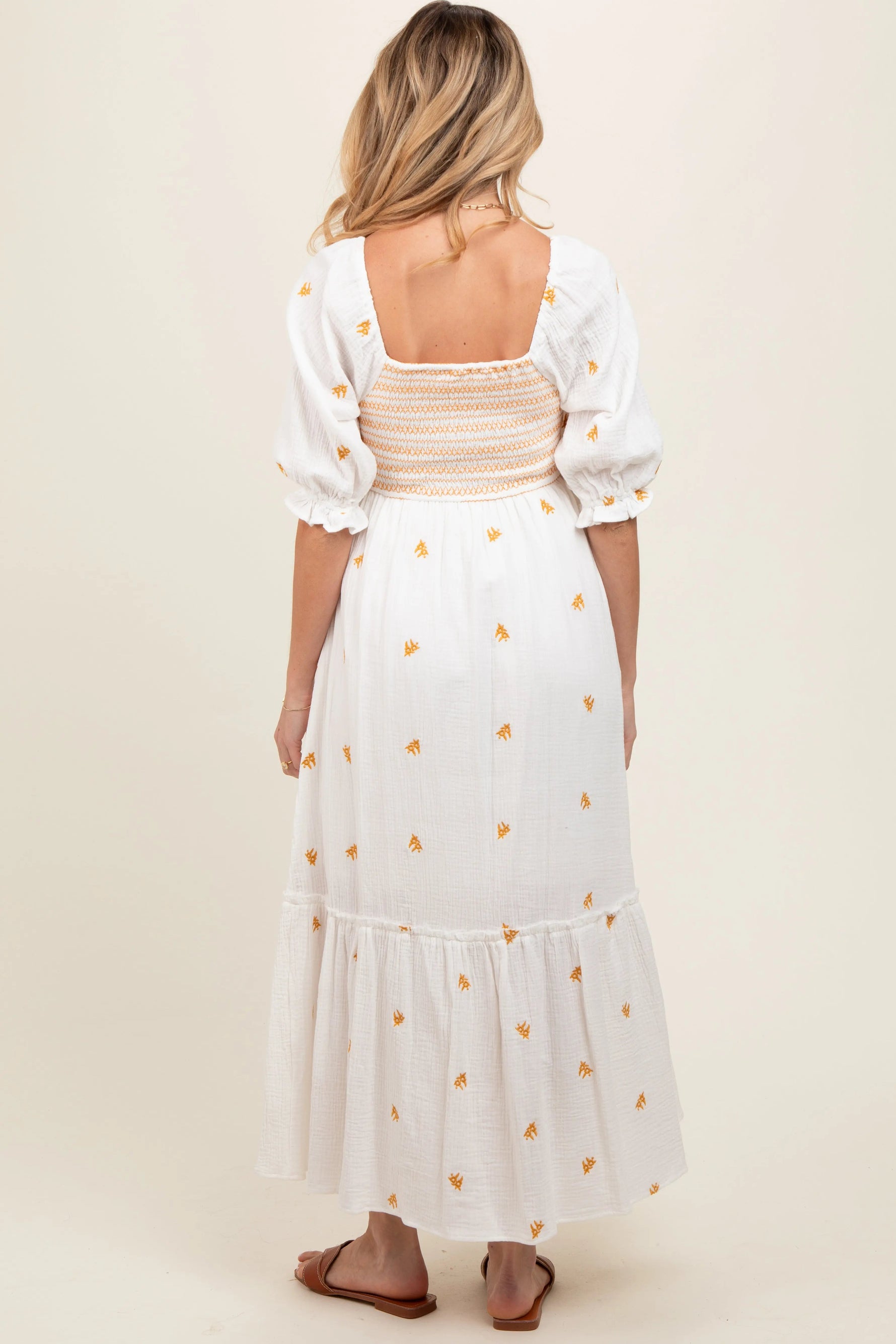 PinkBlush Ivory Gauze Smocked Embroidered Square Neck Maternity Midi Dress - 