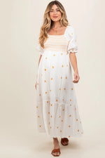 PinkBlush Ivory Gauze Smocked Embroidered Square Neck Maternity Midi Dress - 