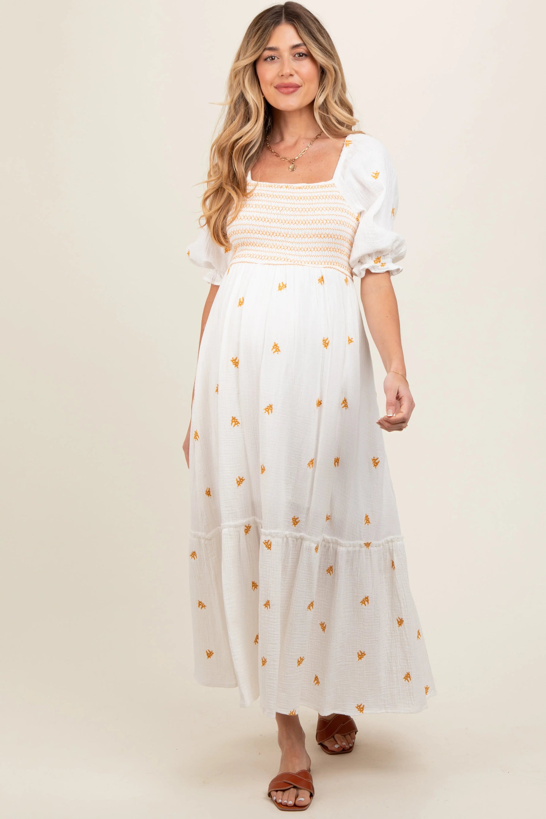 PinkBlush Ivory Gauze Smocked Embroidered Square Neck Maternity Midi Dress - 