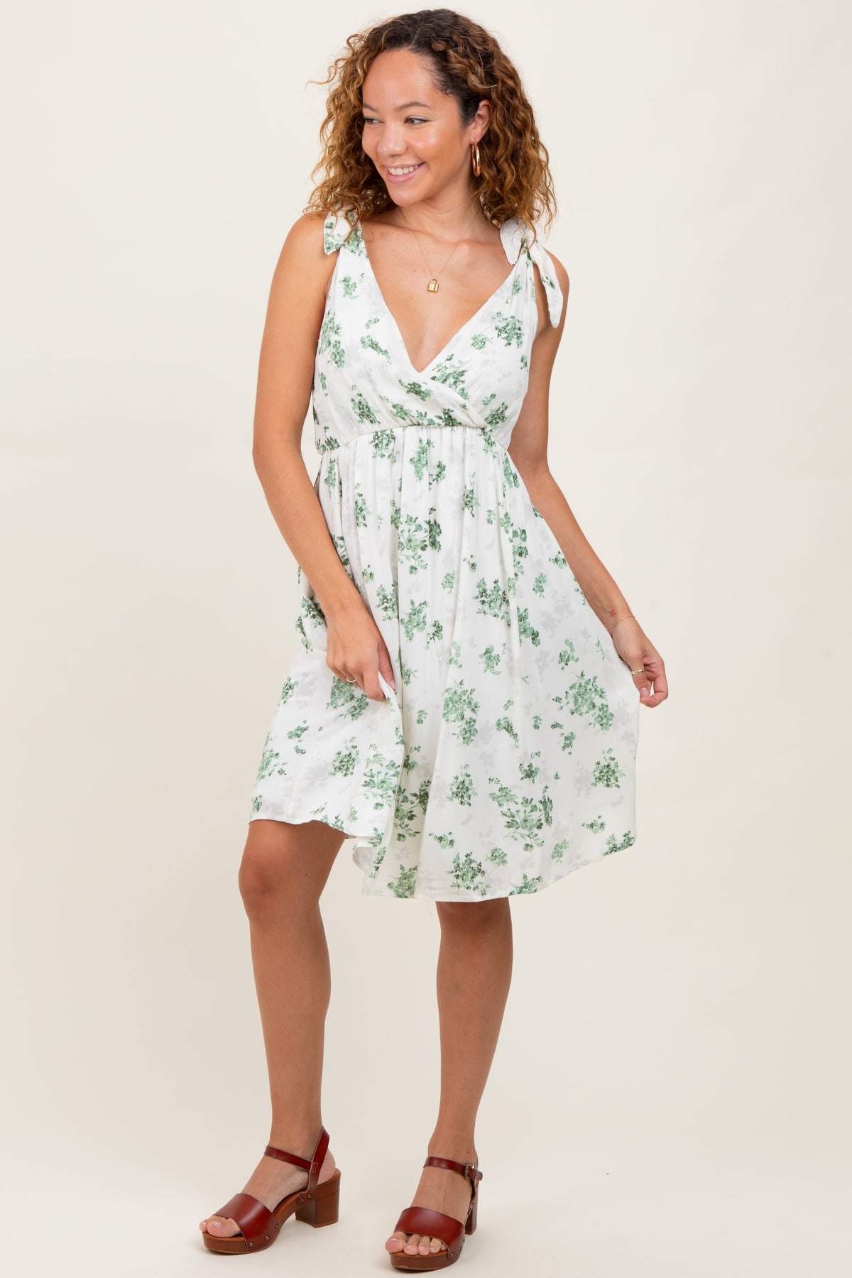 PinkBlush Ivory Green Floral Knotted Wrap V - Neck Maternity DressEveretts Place